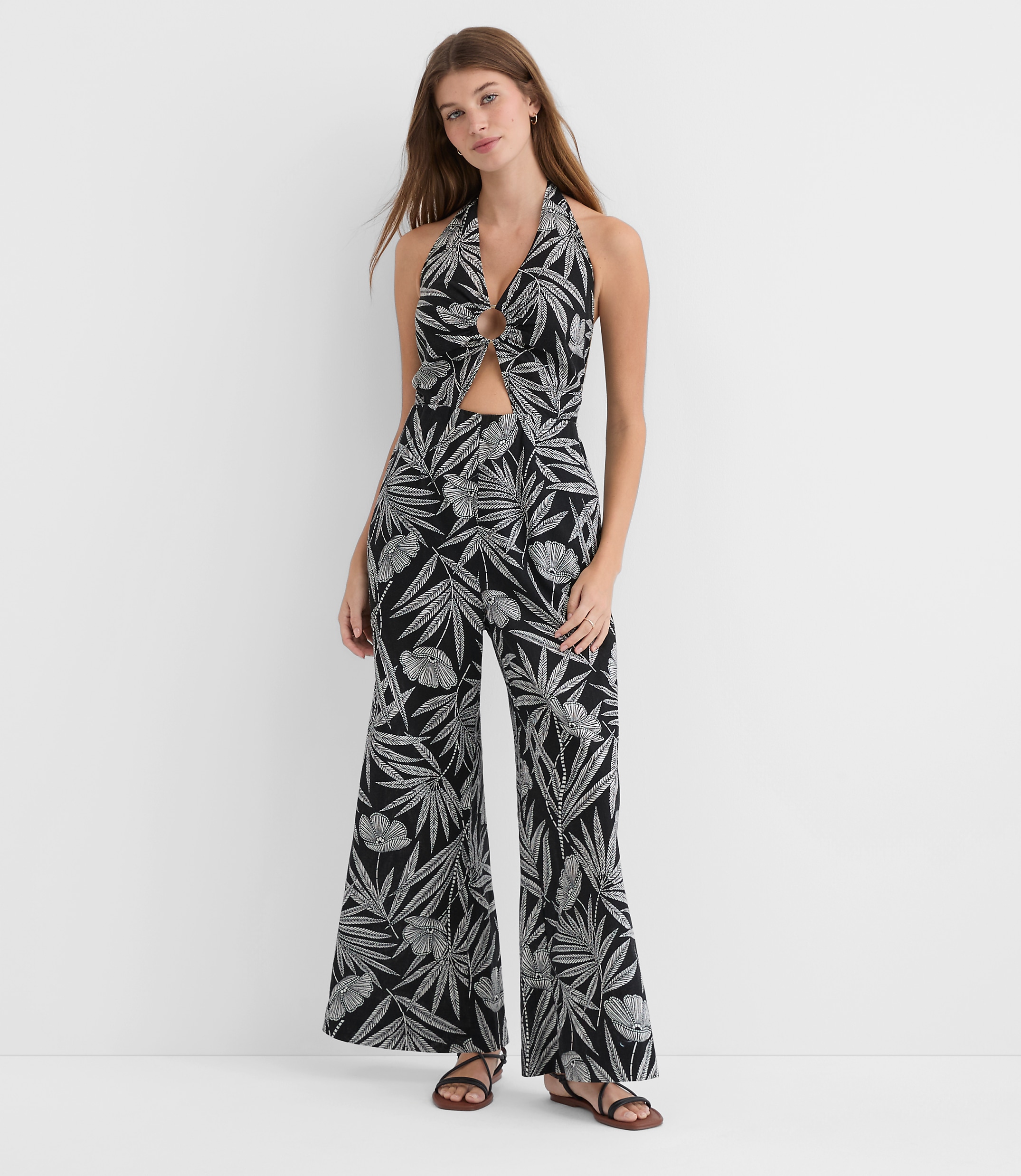 LOFT Beach Palm Ring Halter Linen Cotton Jumpsuit