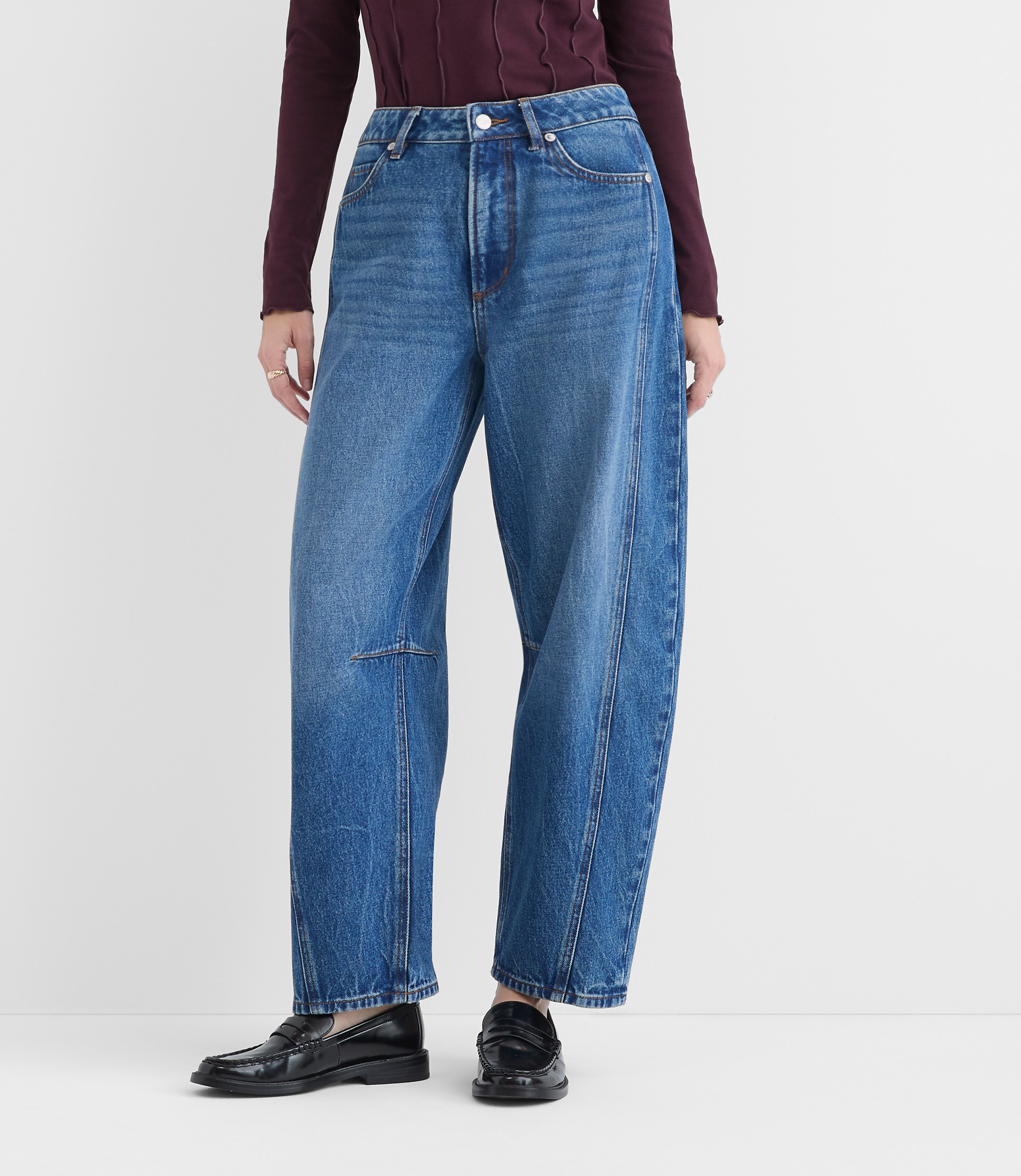 Rivete Curvy Seamed High Rise Barrel Jeans in Dark Wash