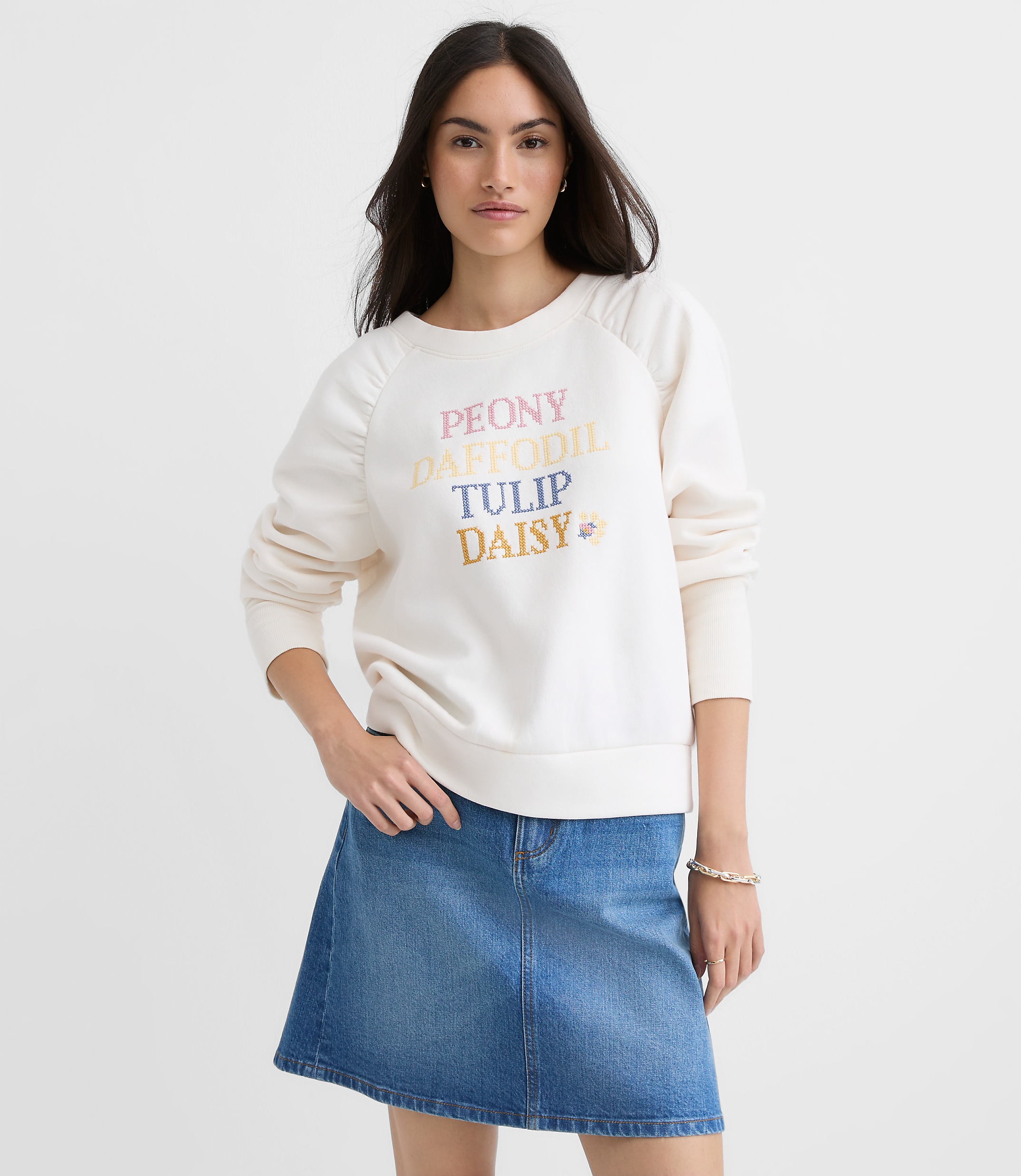 Floral Embroidered Shirred Shoulder Sweatshirt