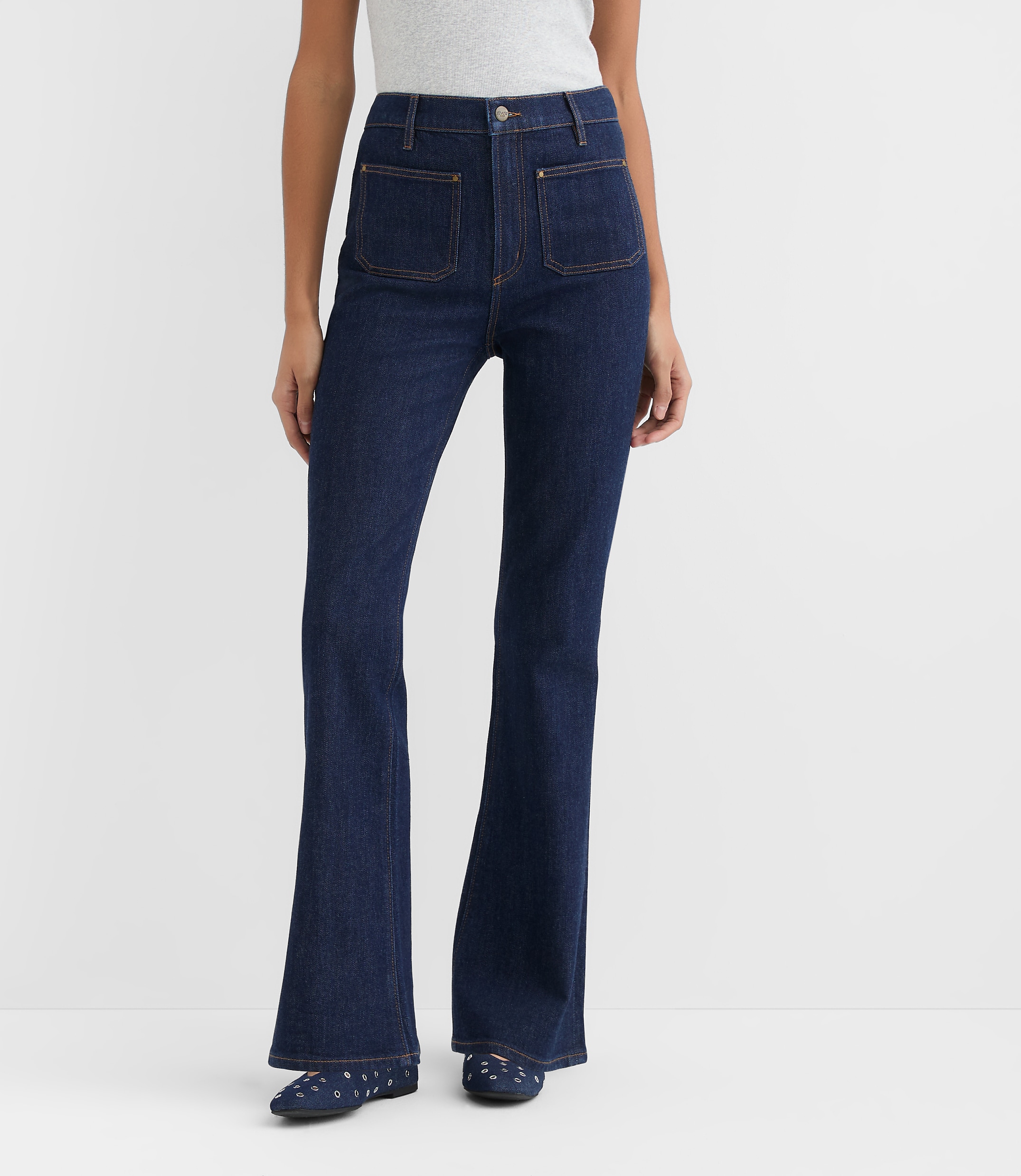 Rivete Curvy Patch Pocket High Rise Slim Flare Jeans in Classic Rinse Wash