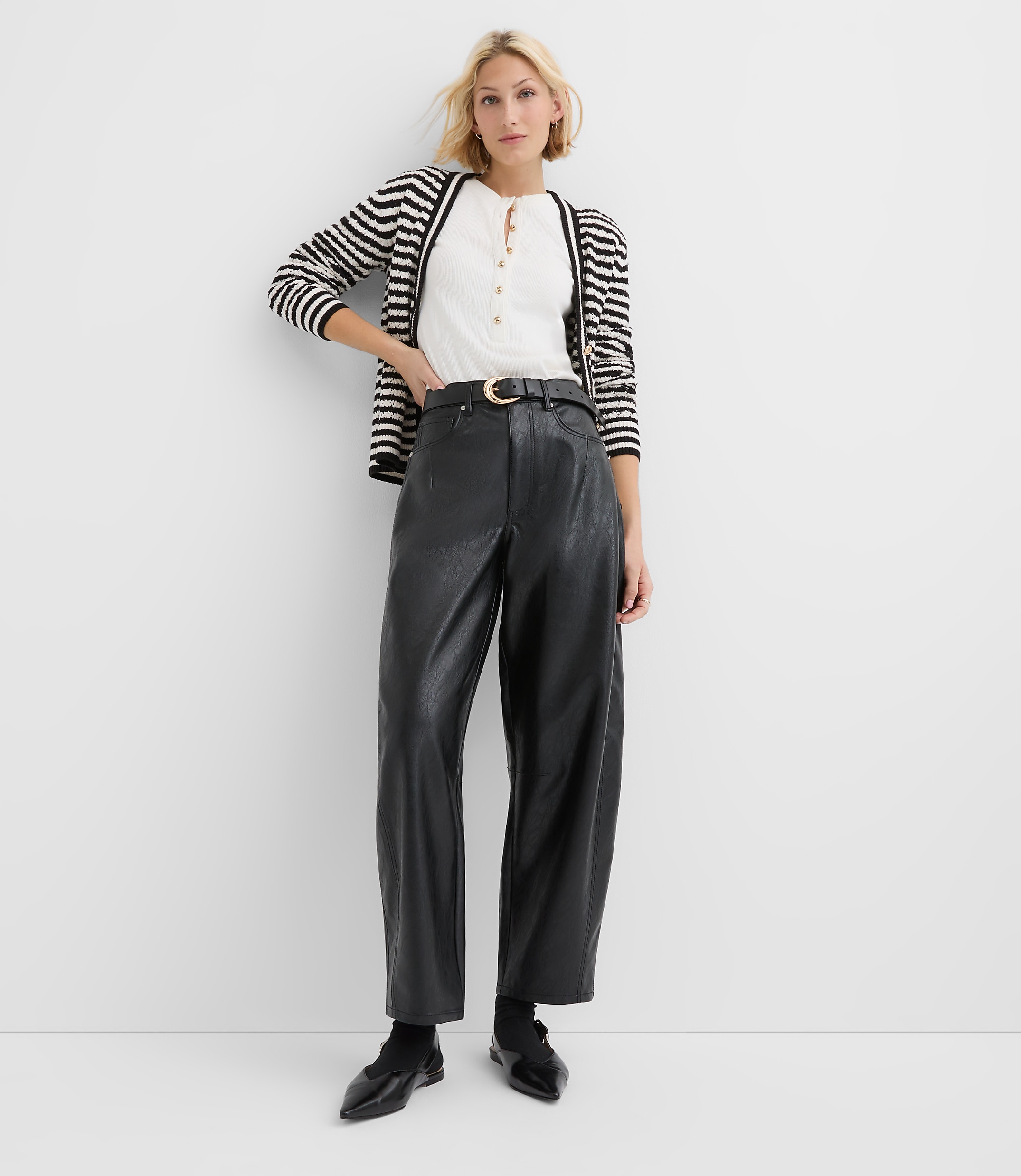 Petite High Rise Horseshoe Seamed Barrel Jeans in Faux Leather