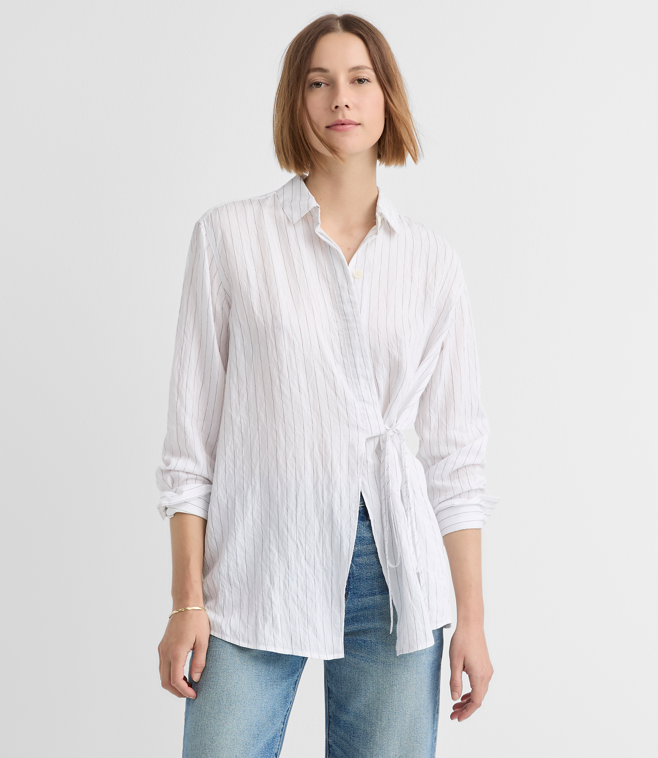Petite Striped Asymmetrical Side Tie Tunic Shirt