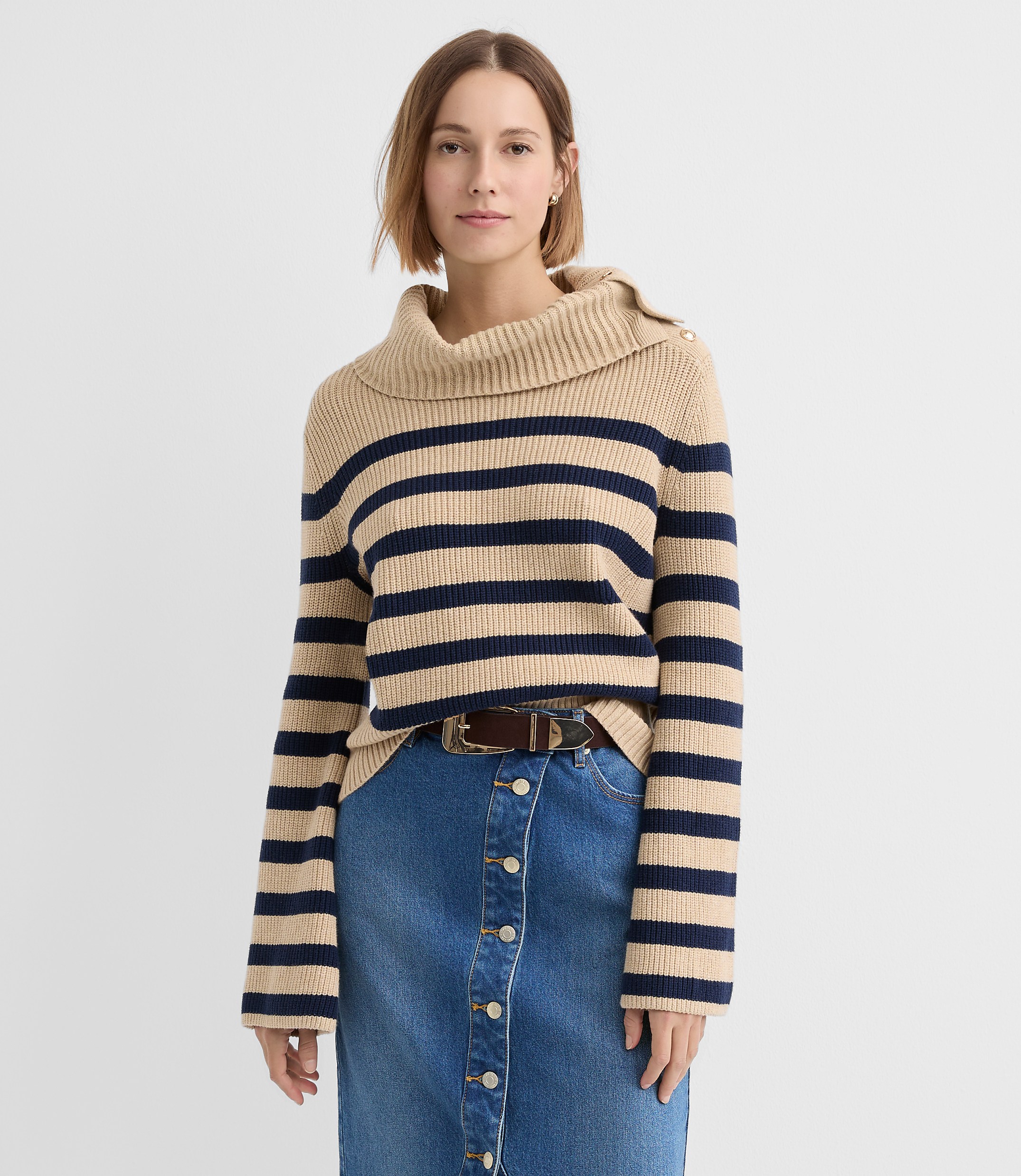 Petite Stripe Button Neck Flare Sleeve Sweater