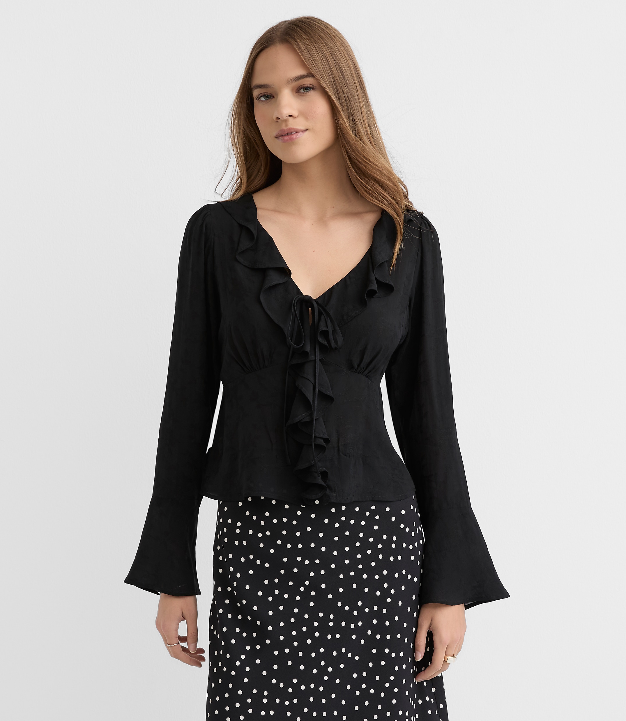 Petite Jacquard Ruffle Tie Neck Blouse