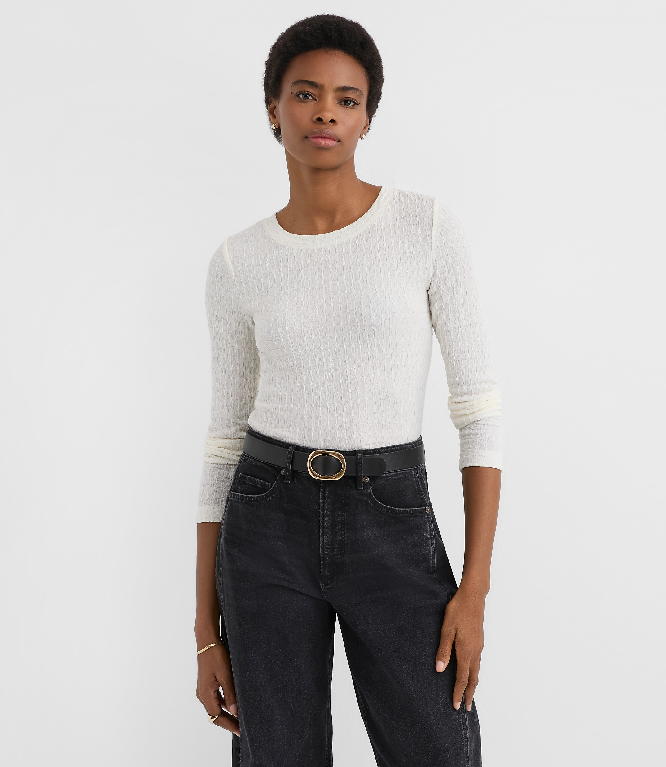 Puckered Long Sleeve Crew Neck Tee