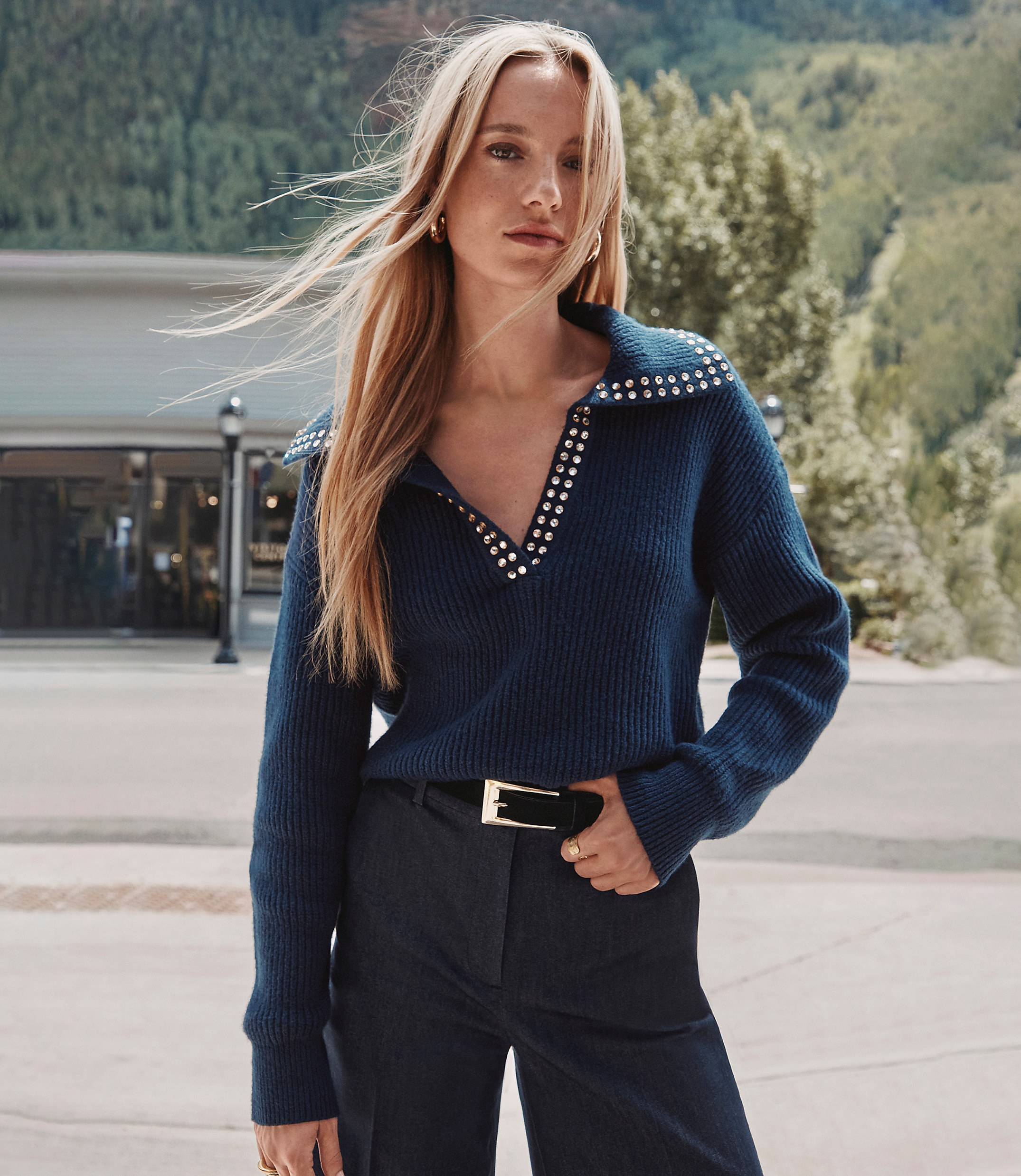 Studded Ribbed Collared Split Neck Sweater