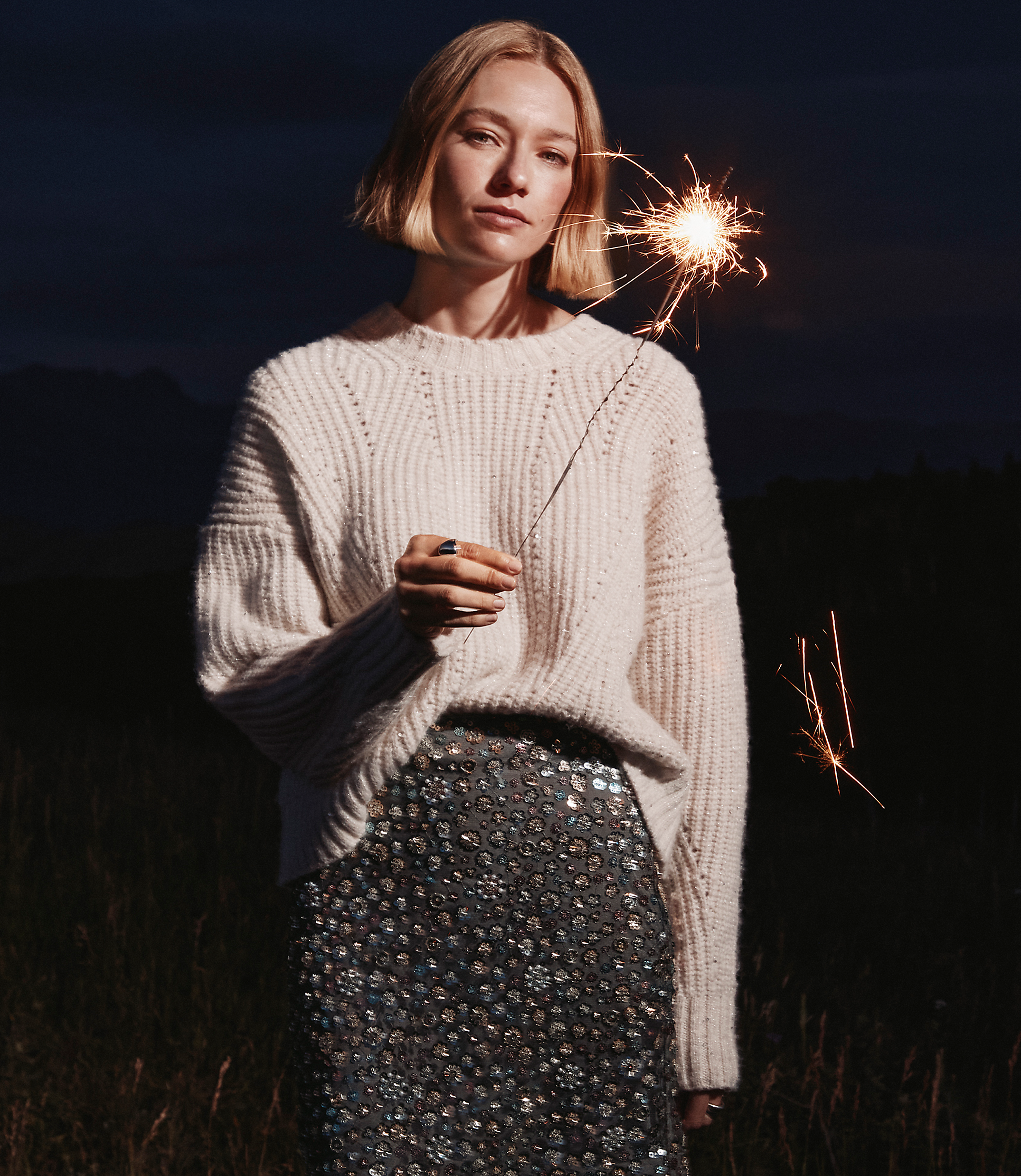 Sequin Pointelle Ribbed Relaxed Sweater