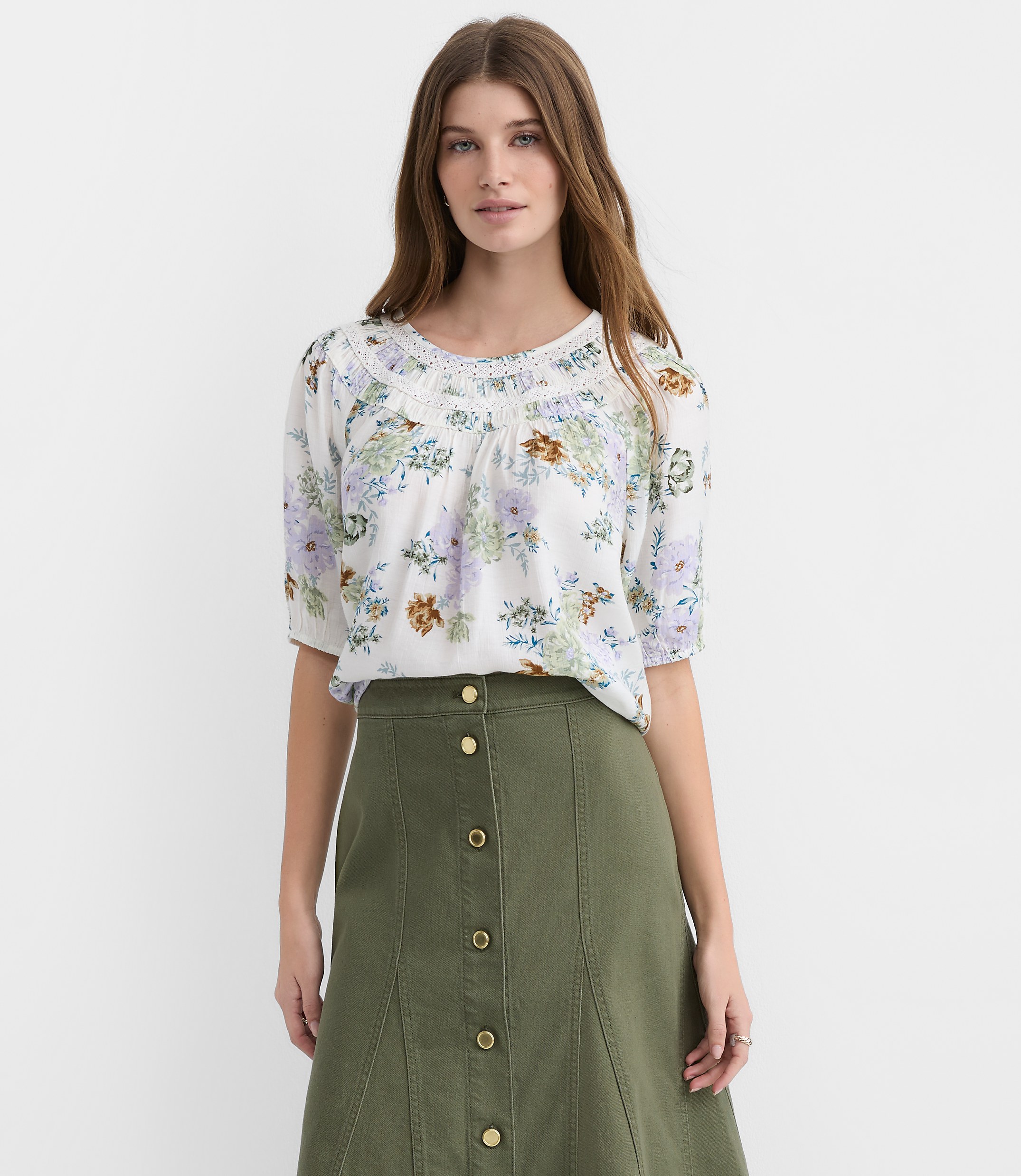 Floral Lace Trim Yoke Blouse