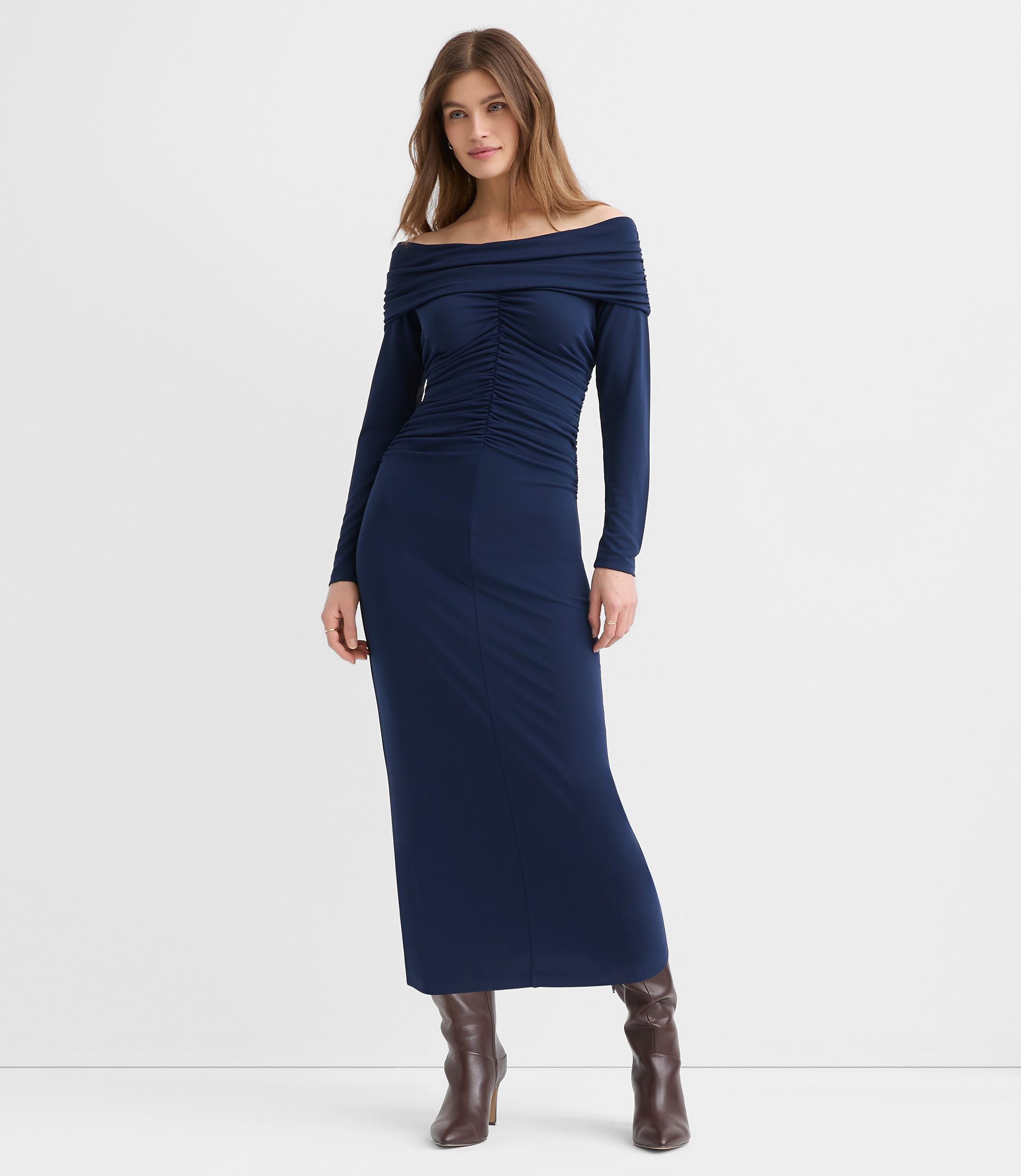 Petite Ruched Off The Shoulder Midi Dress
