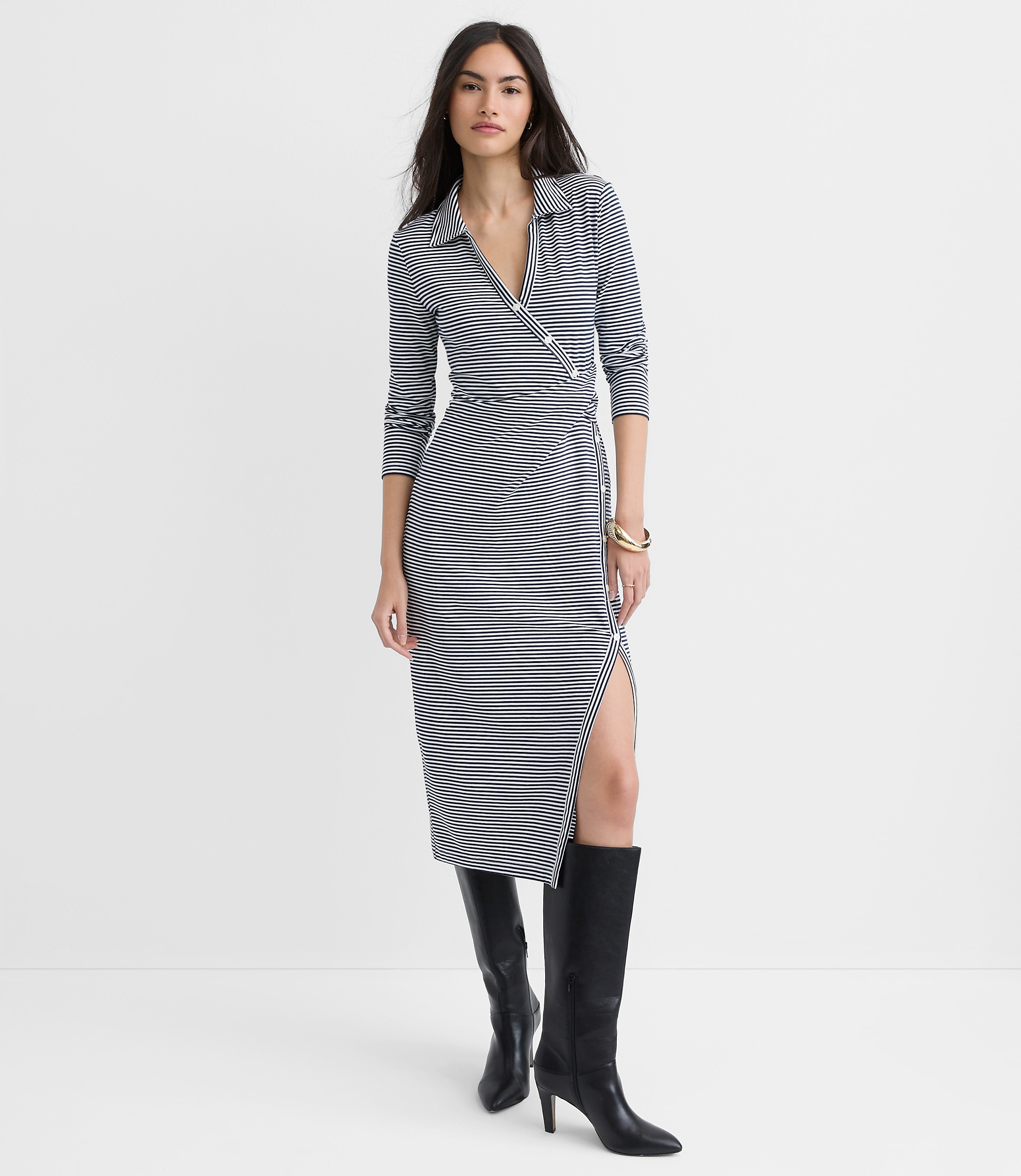 Petite Striped Button Twist Midi Dress