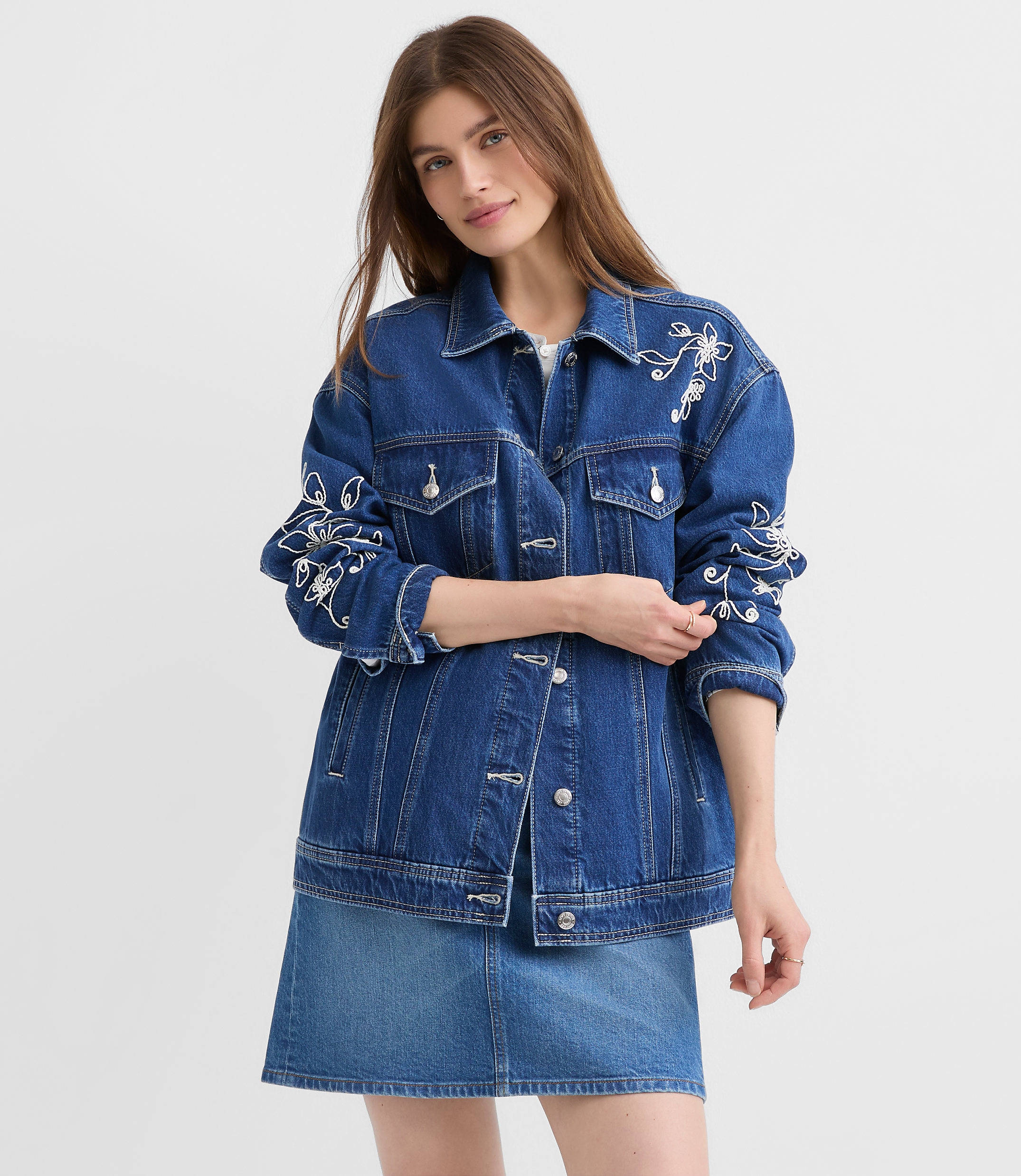 Petite Floral Embroidered Oversized Denim Trucker Jacket in Bright Indigo Wash