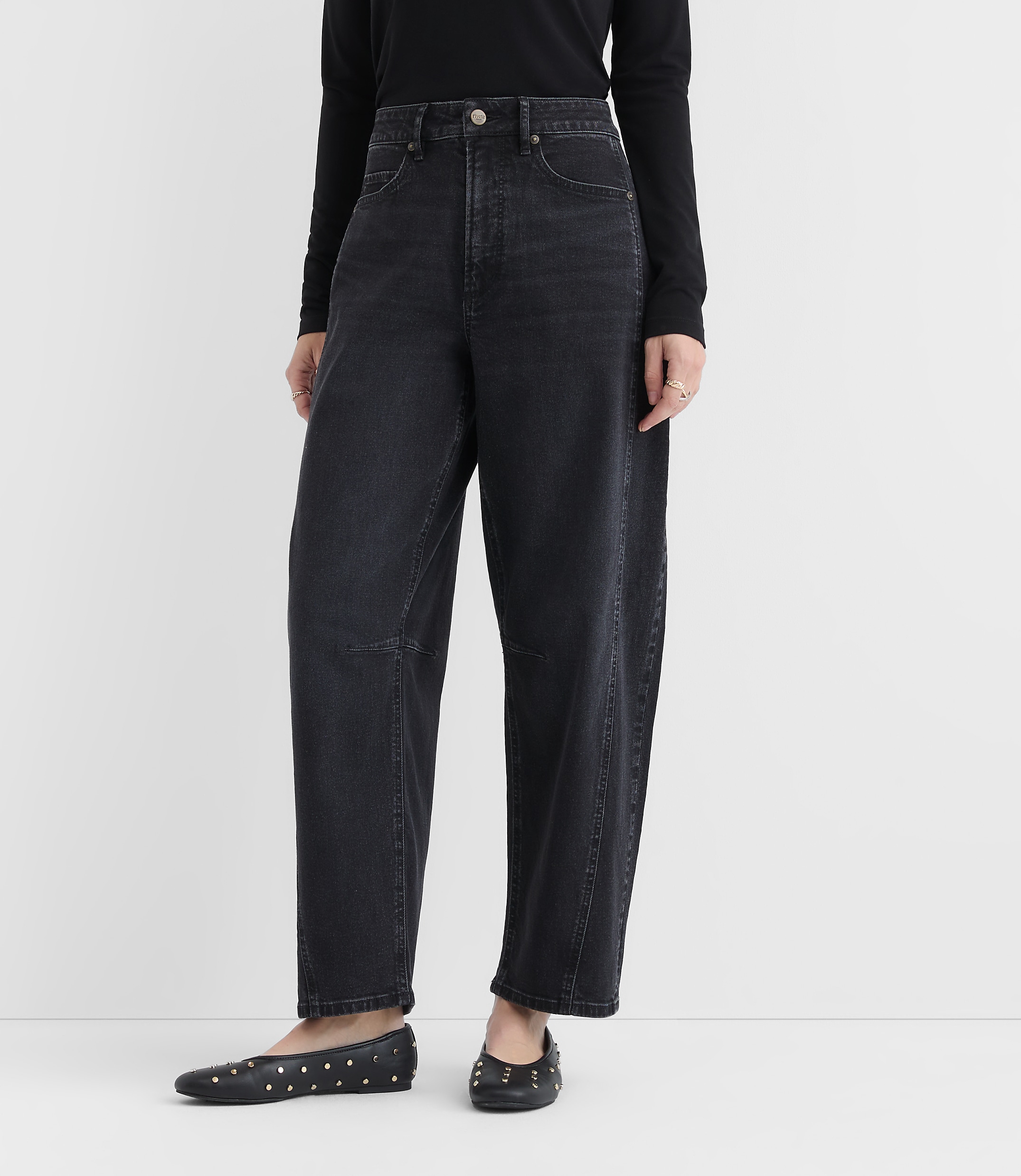 Rivete Tall Curvy Seamed High Rise Barrel Jeans in Noir Wash