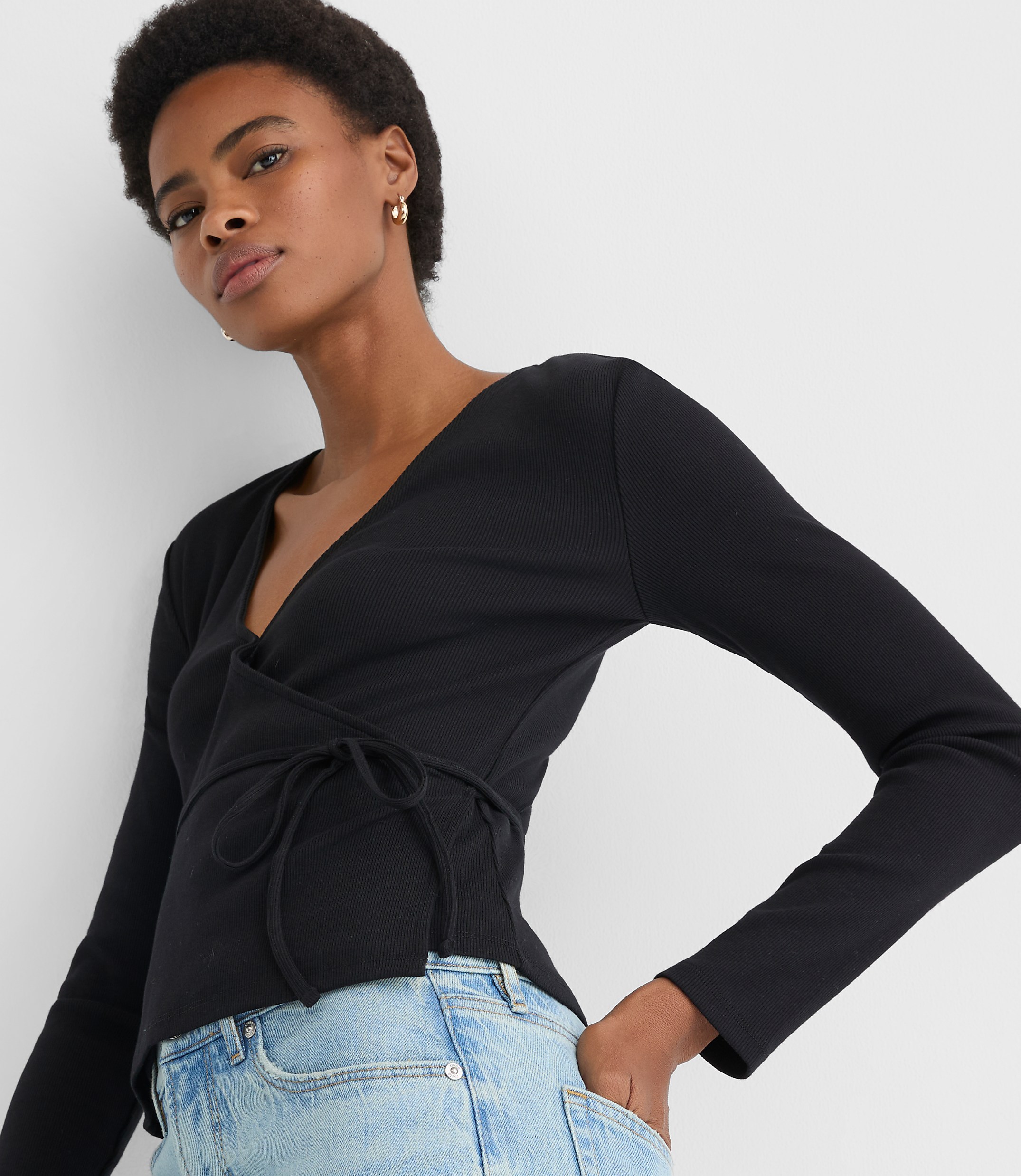 Petite Ribbed Wrap Top