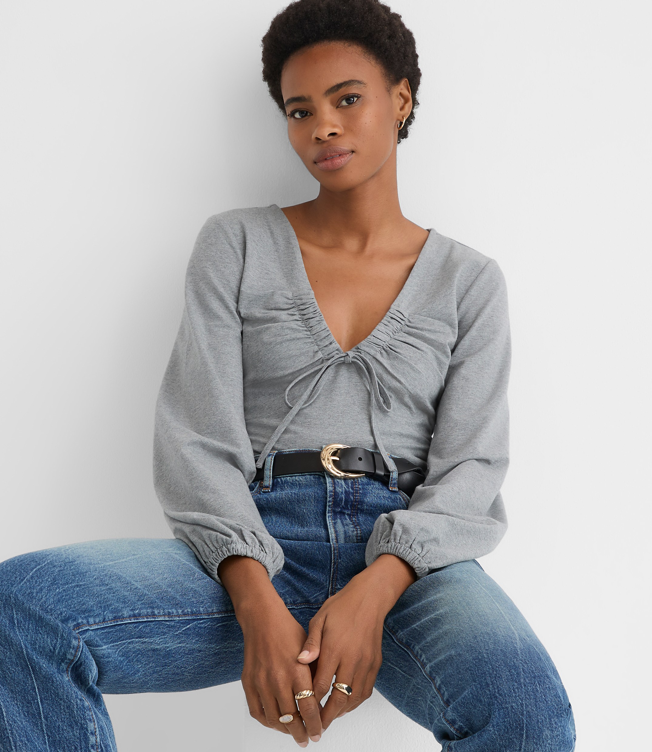 Heathered Cinched Tie Neck Top