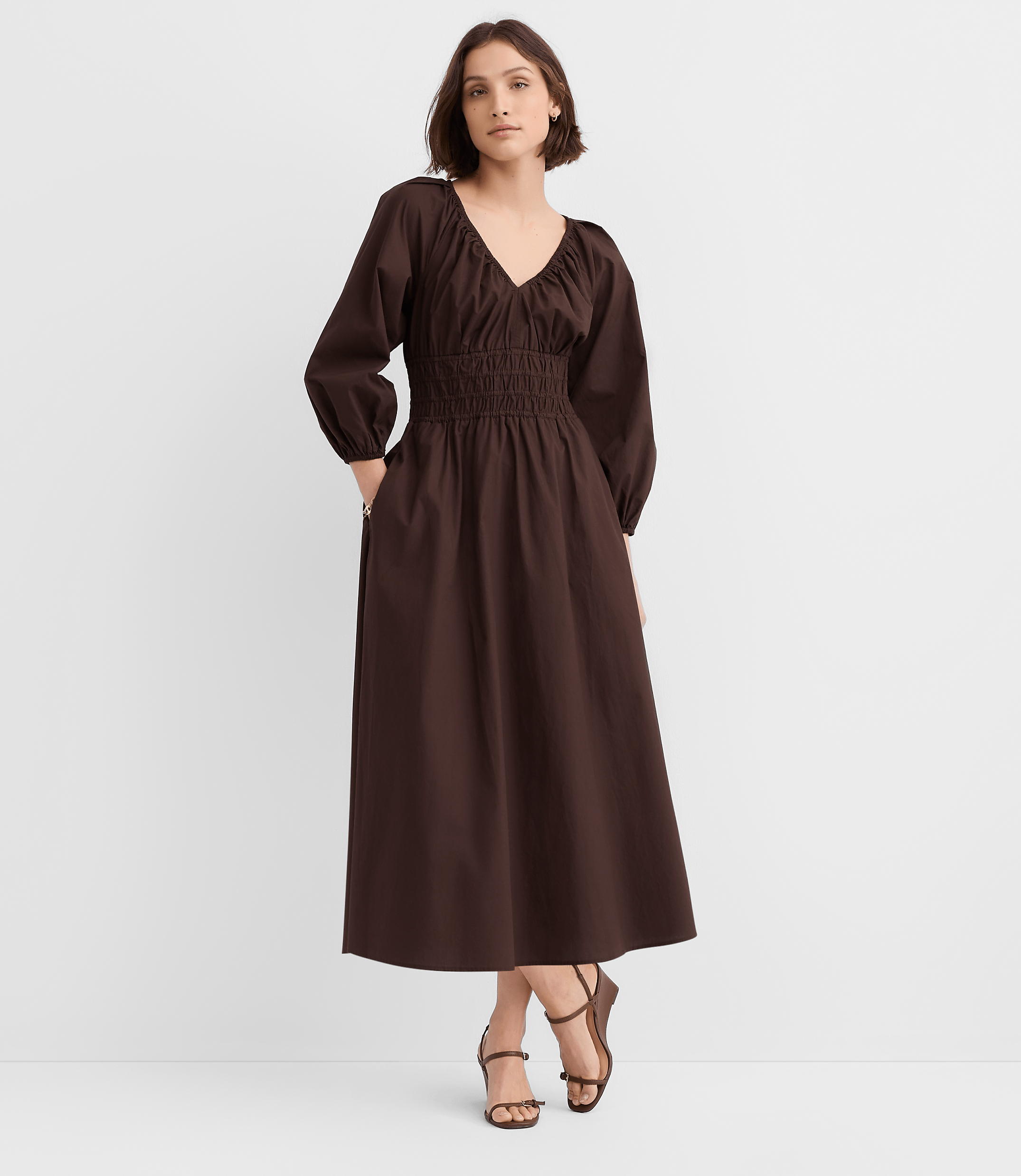 Petite Poplin Smocked Midi Pocket Dress