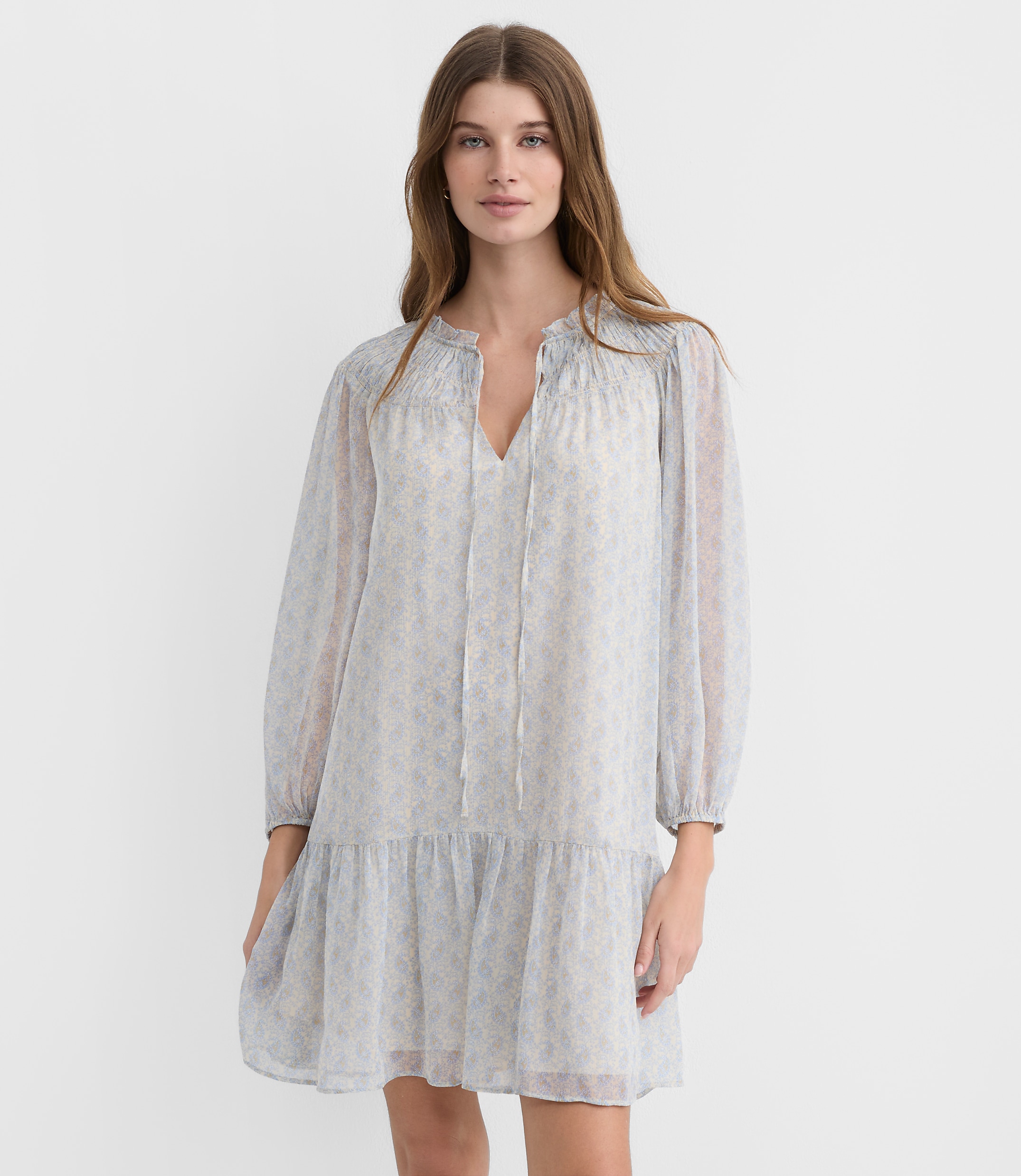 Petite Paisley Smocked Tie Neck Mini Dress