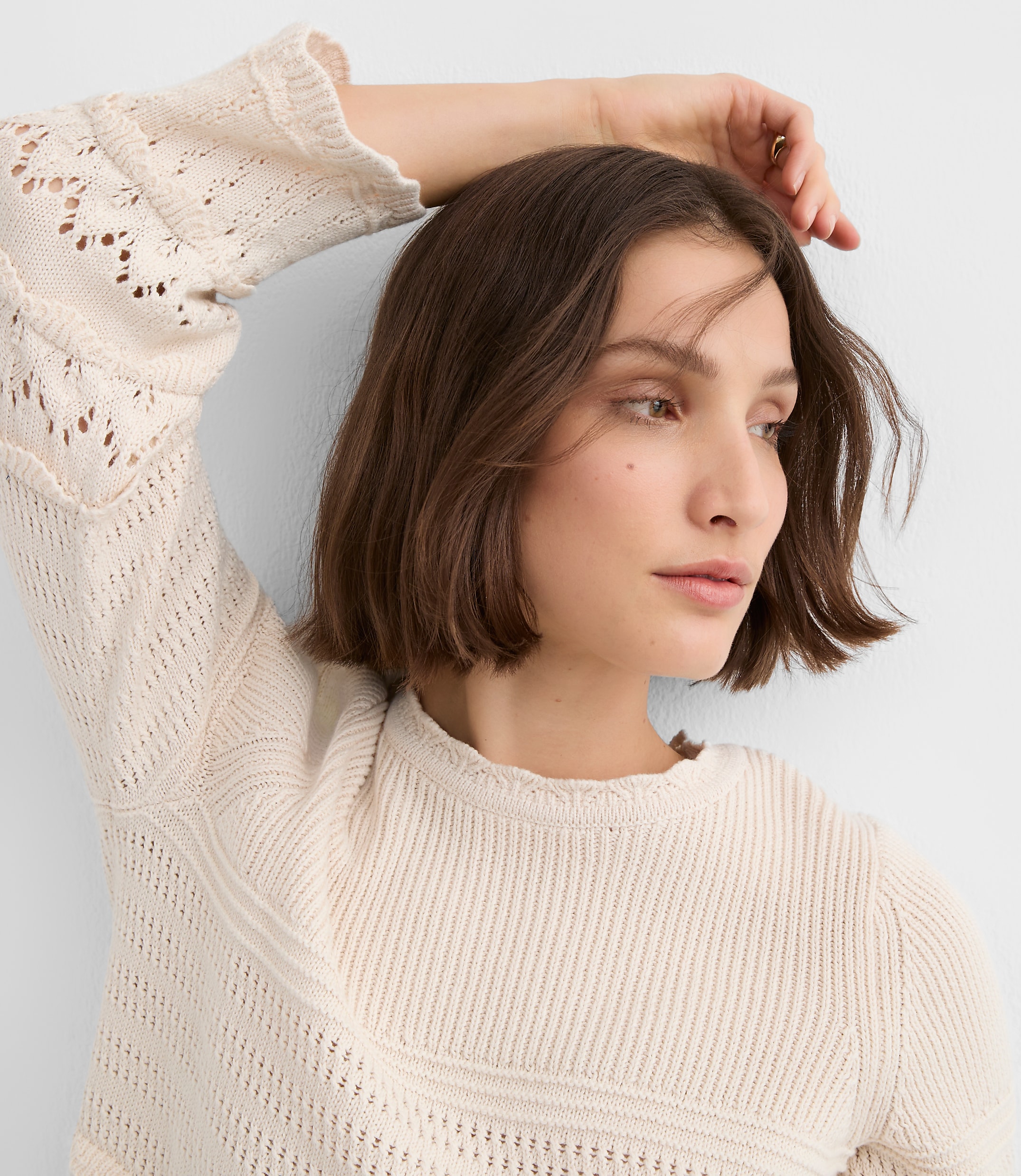 Petite Scalloped Pointelle Flare Sleeve Sweater