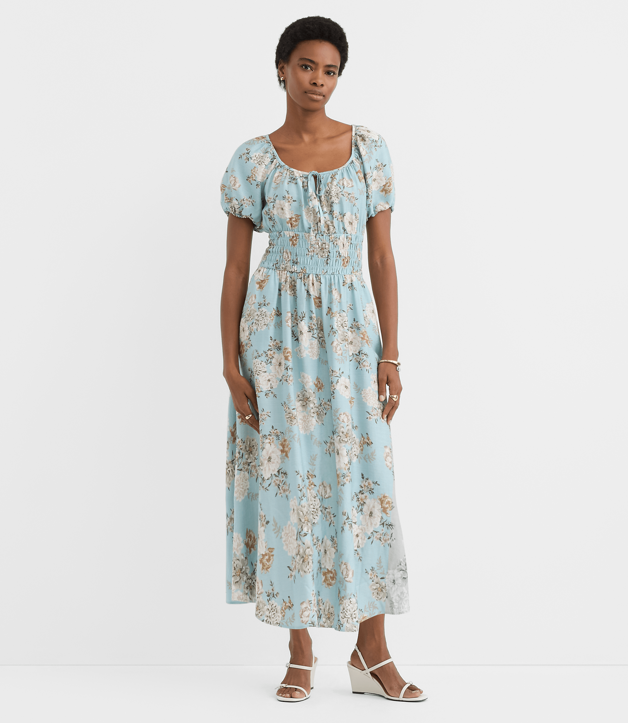 Petite Floral Ruffle Tie Neck Smocked Midi Dress