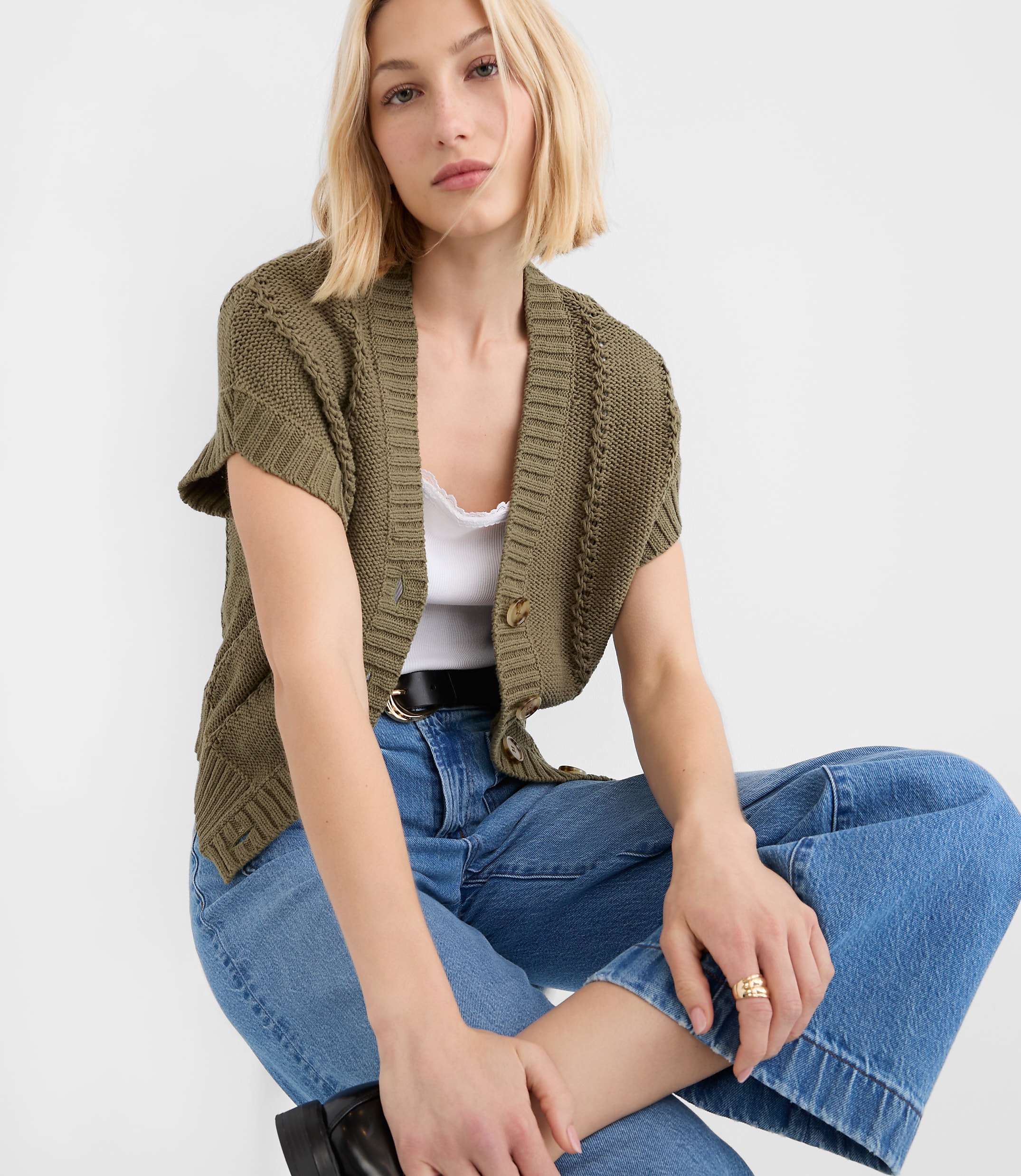 Petite Pointelle Textured Short Sleeve Cardigan