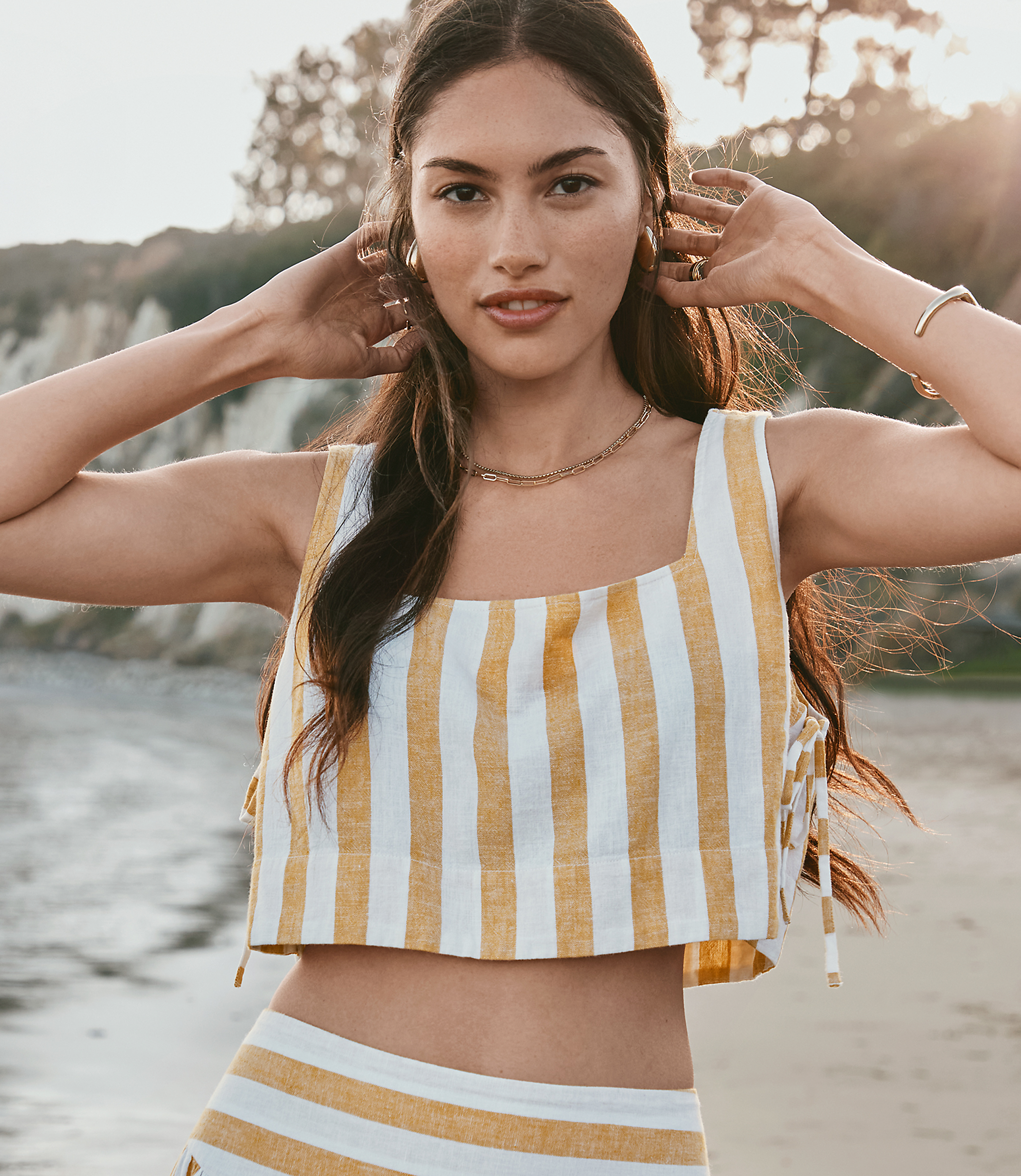 LOFT Beach Striped Side Tie Linen Cotton Crop Top