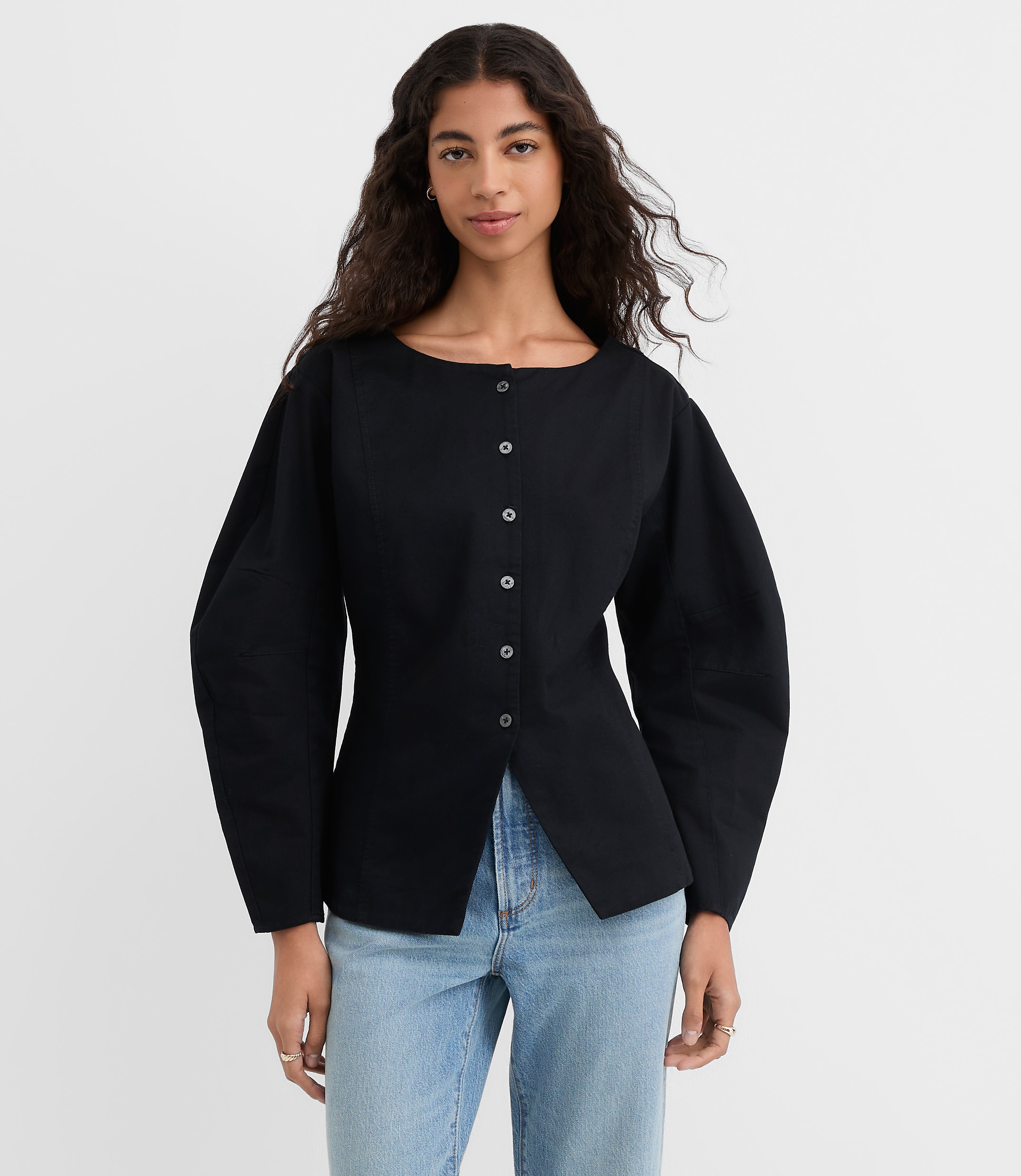 Seamed Barrel Sleeve Button Top