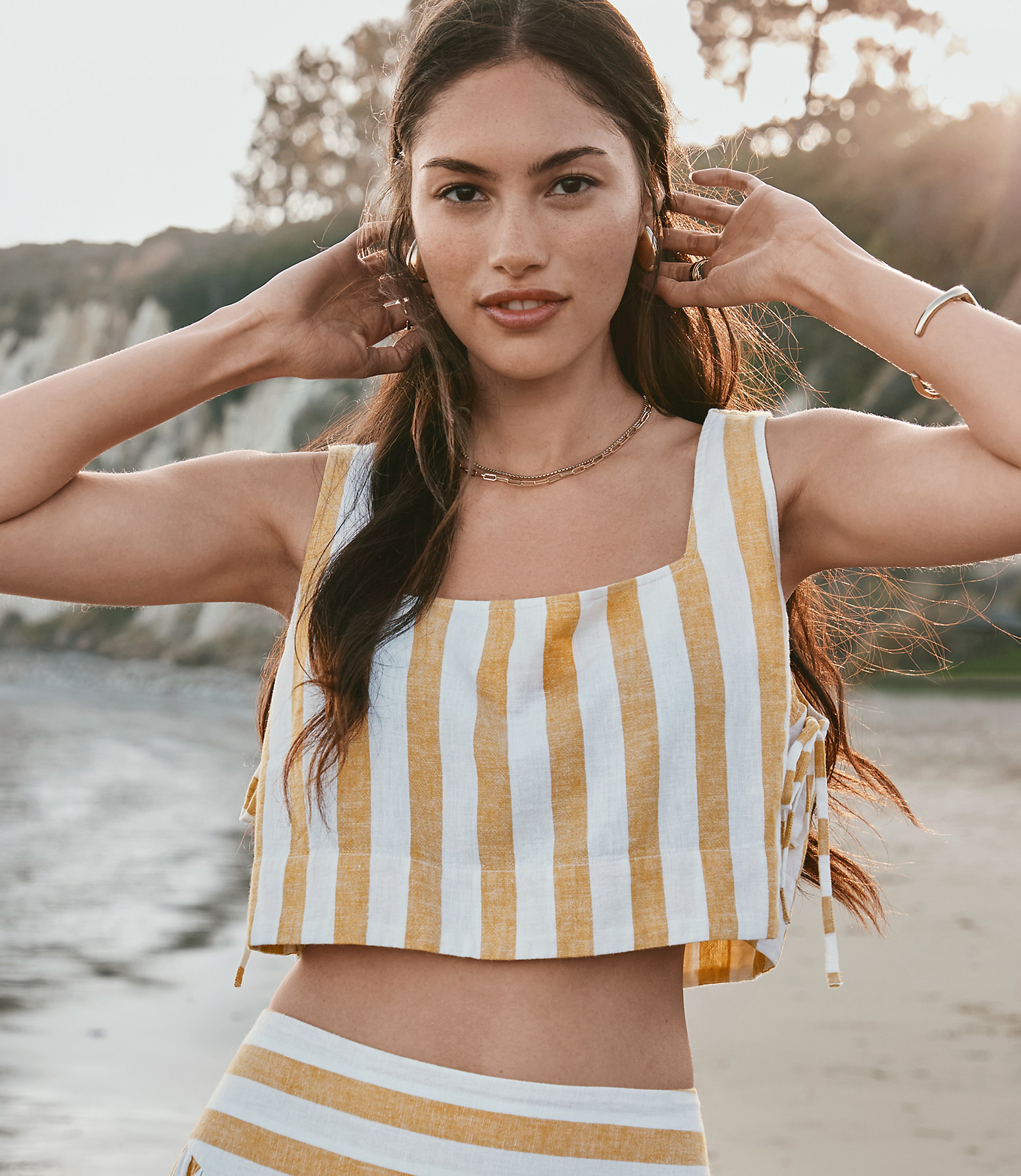 Petite LOFT Beach Striped Side Tie Linen Cotton Crop Top