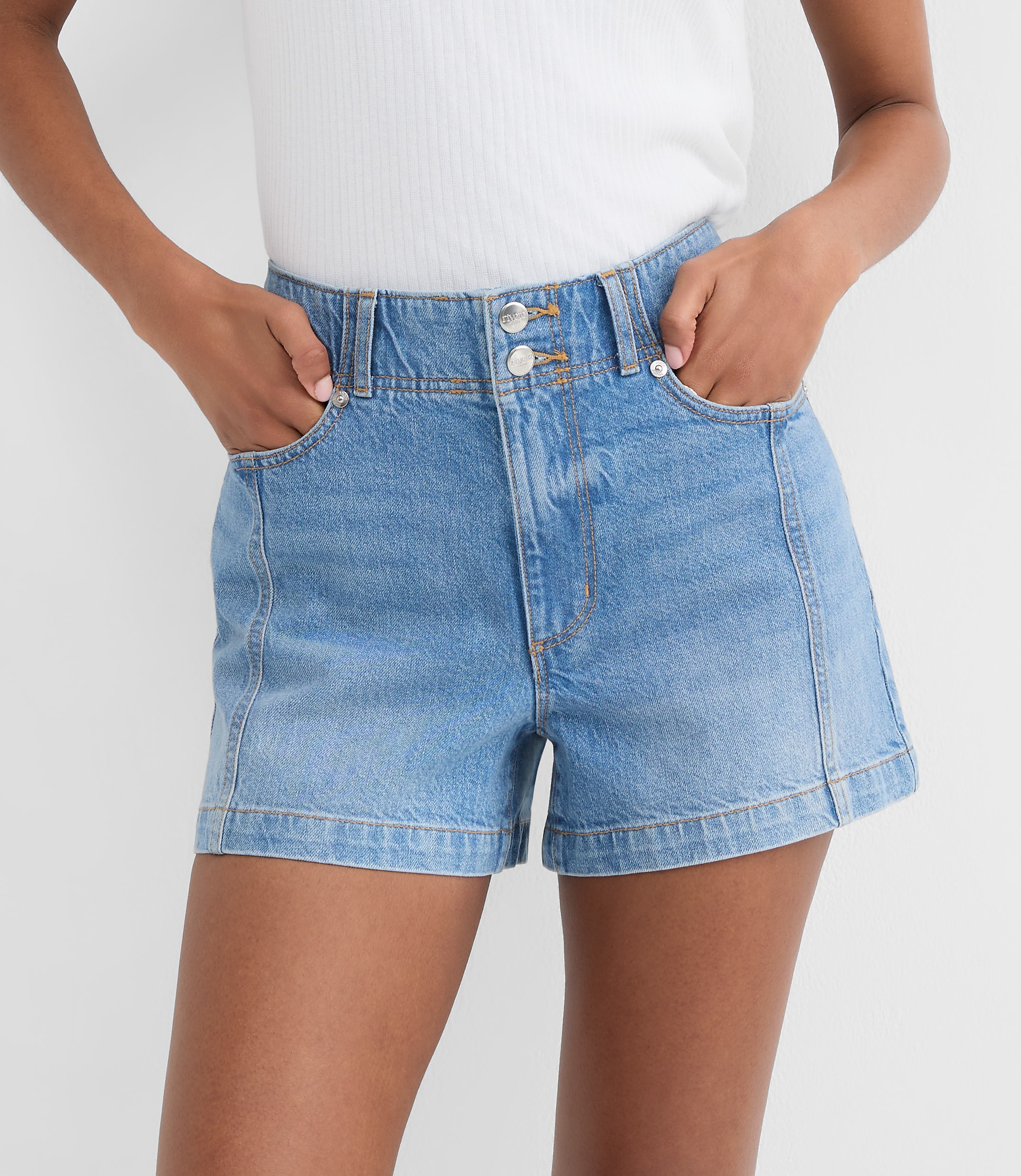 Rivete Curvy Double Shank High Rise Denim Shorts in Mid Wash