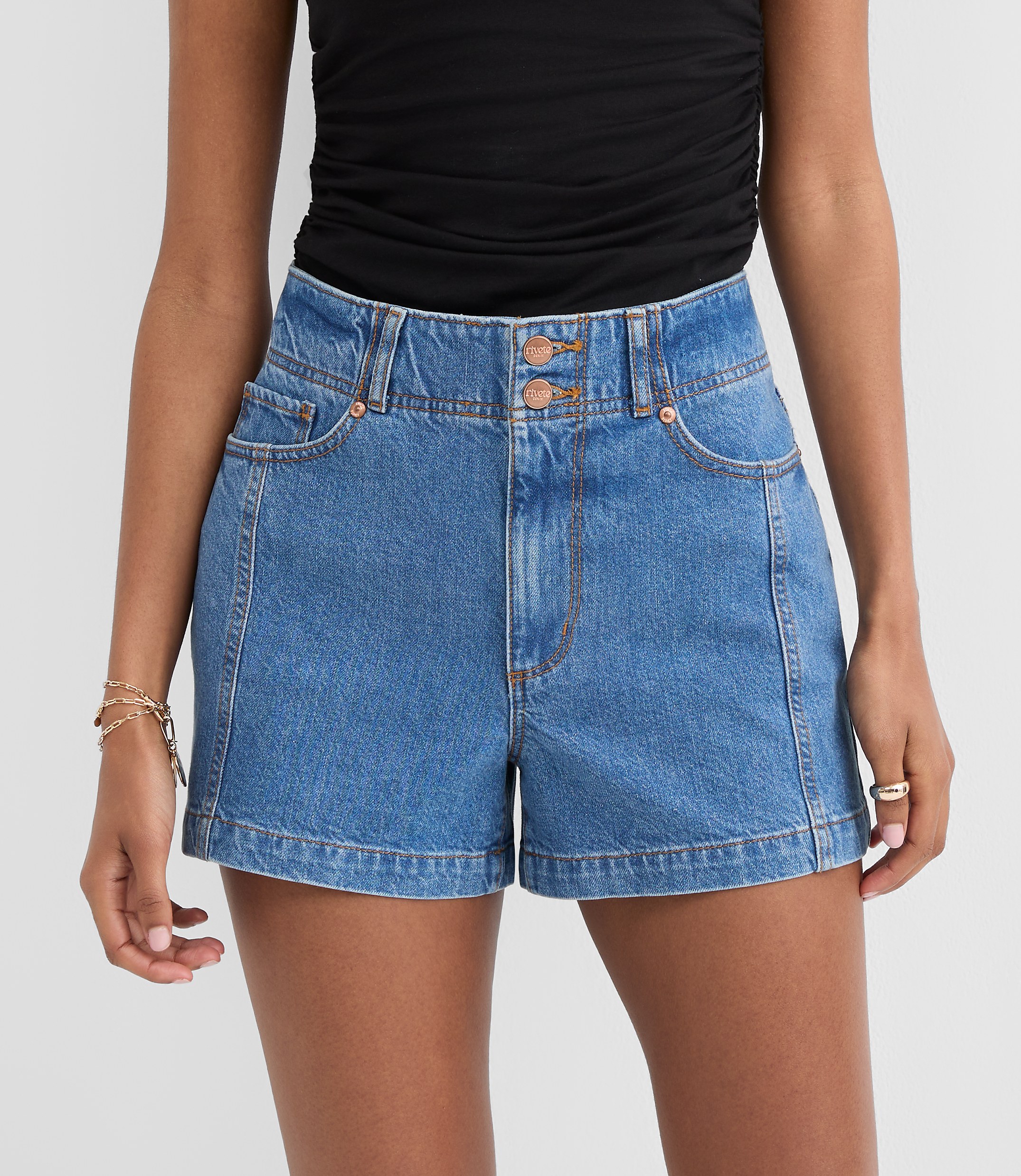 Rivete Petite Curvy Double Shank High Rise Denim Shorts in Dark Wash
