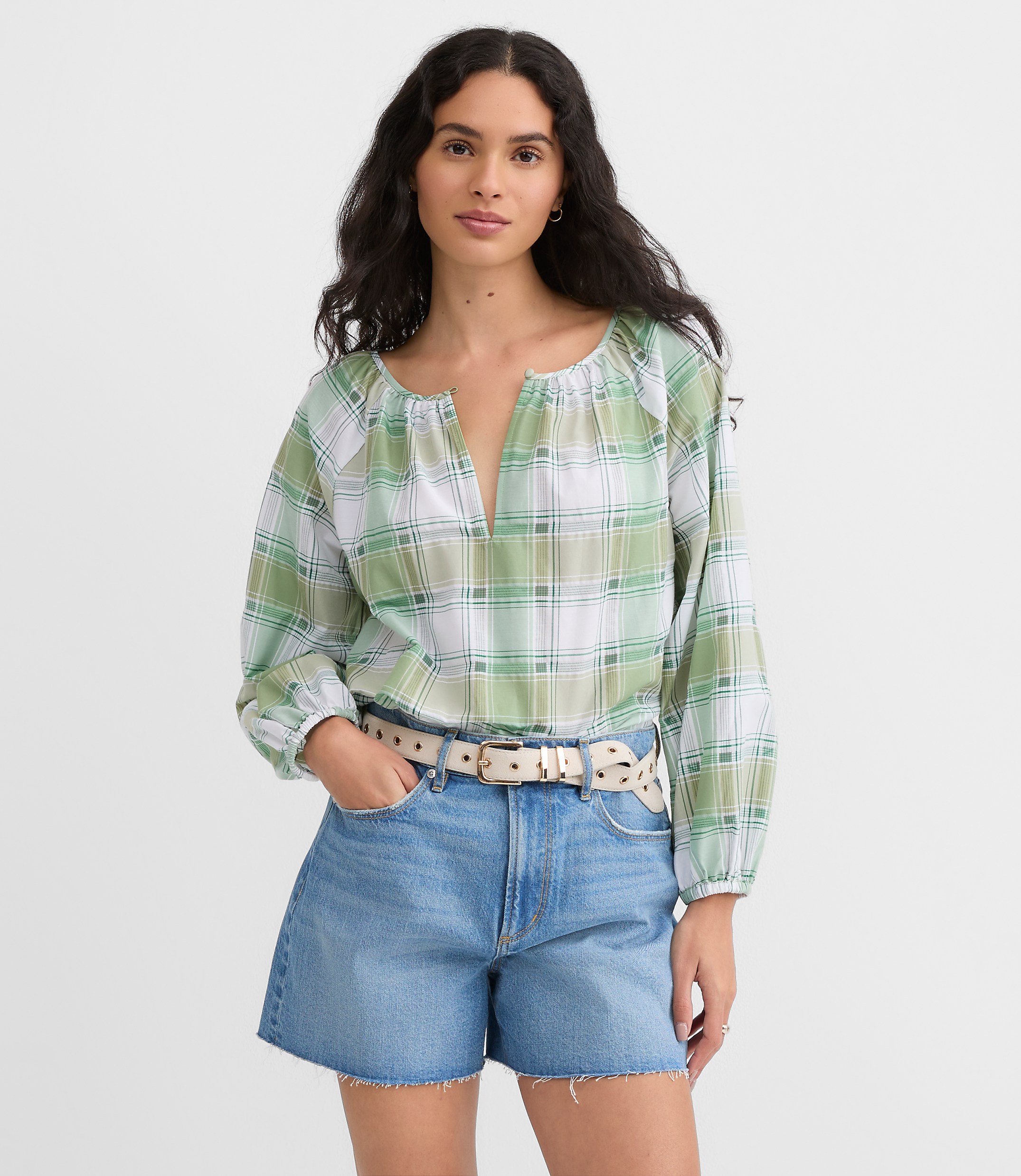 Petite Plaid Gathered Keyhole Blouse