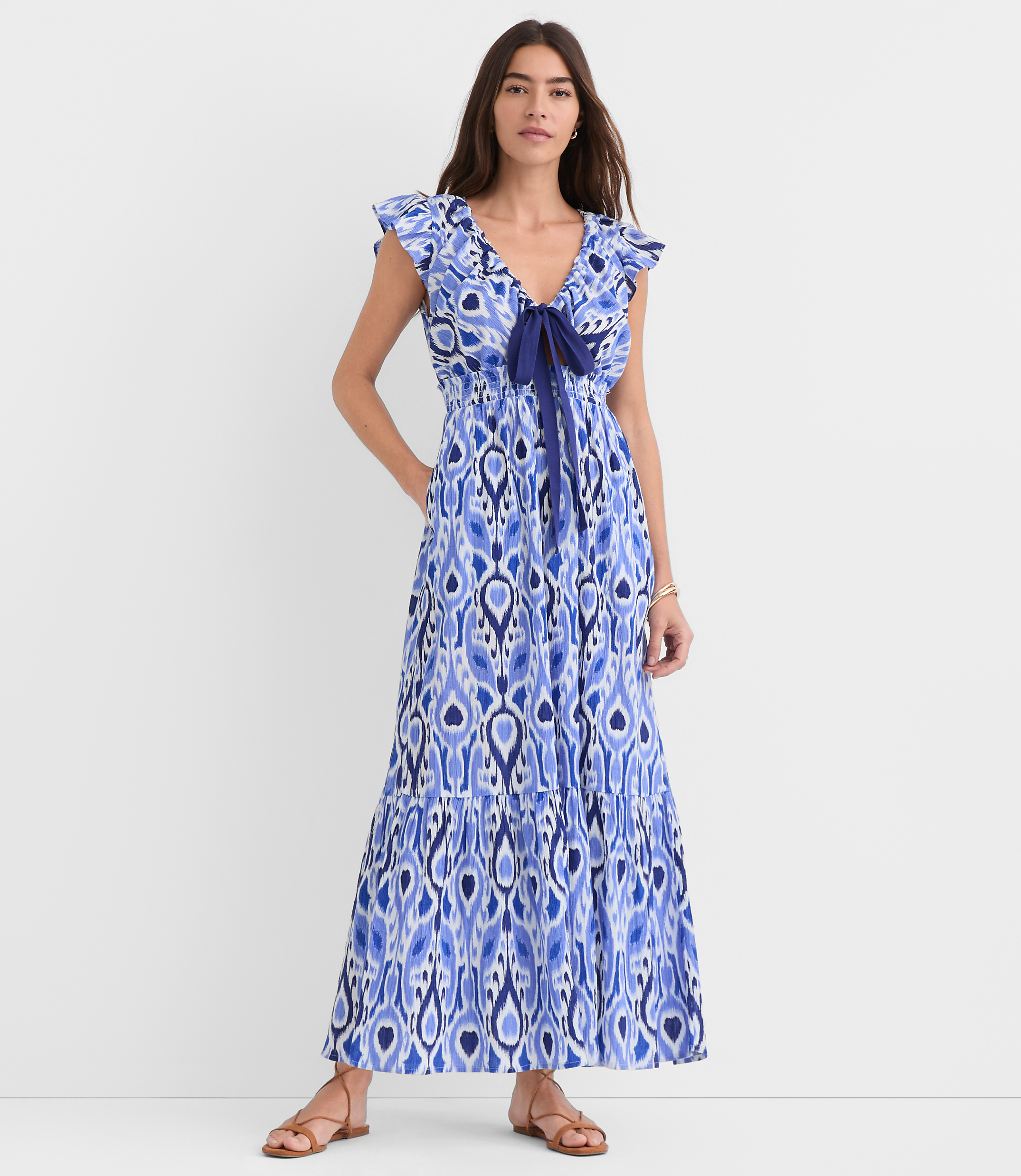 Petite LOFT Beach Ikat Bow Cutout Maxi Pocket Dress