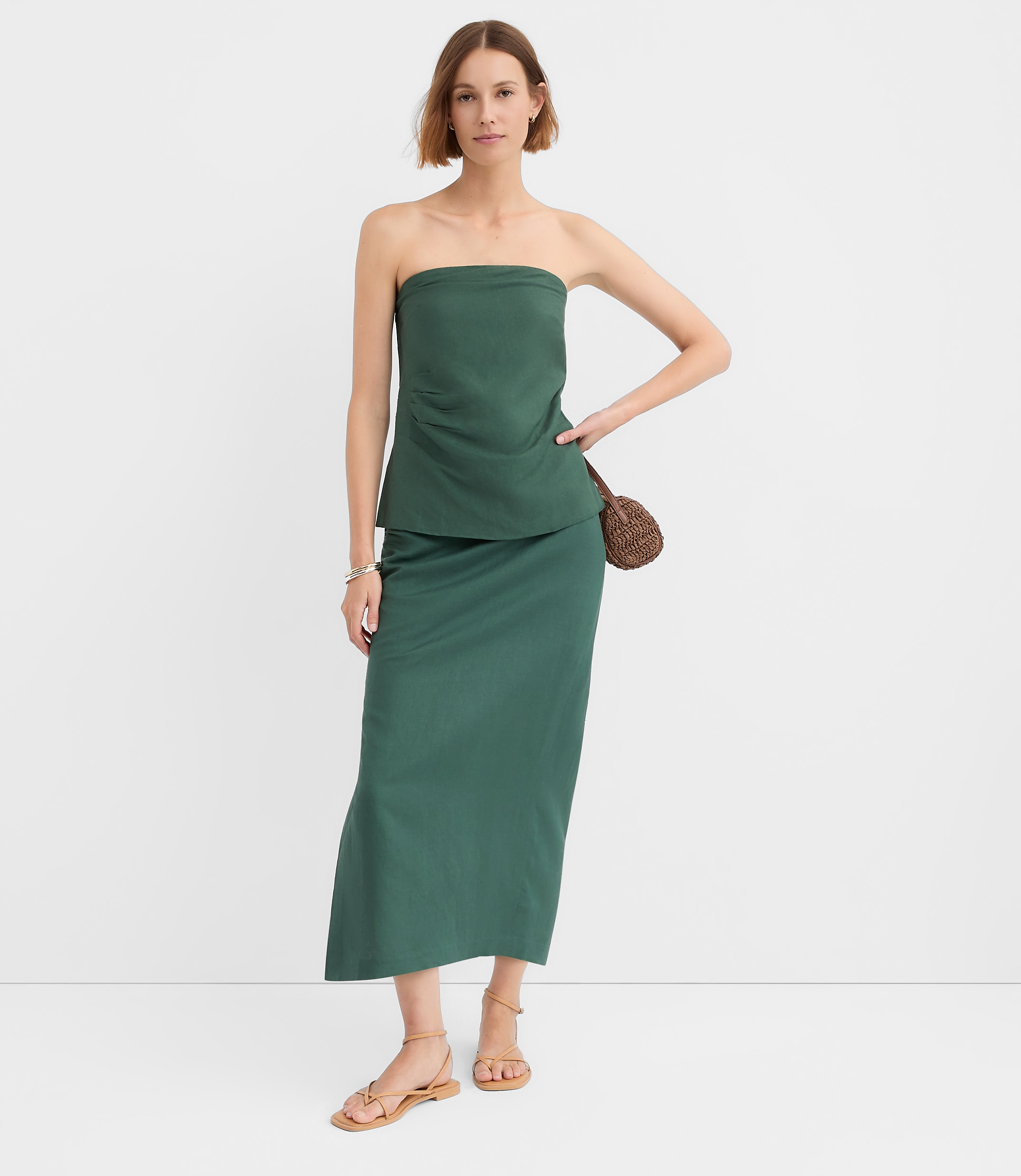 Ruched Linen Blend Midi Skirt