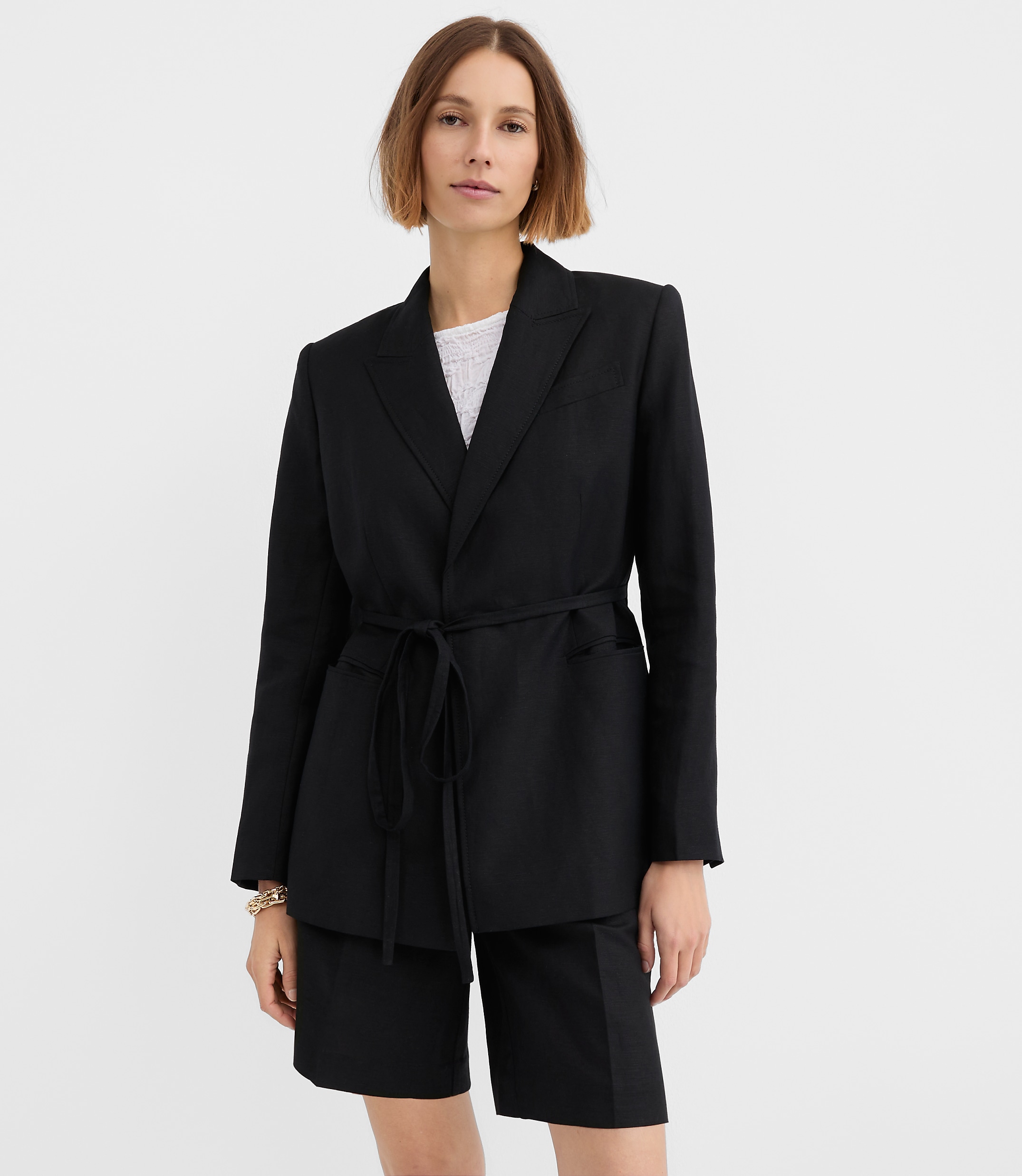 Linen Blend Tie Waist Modern Blazer