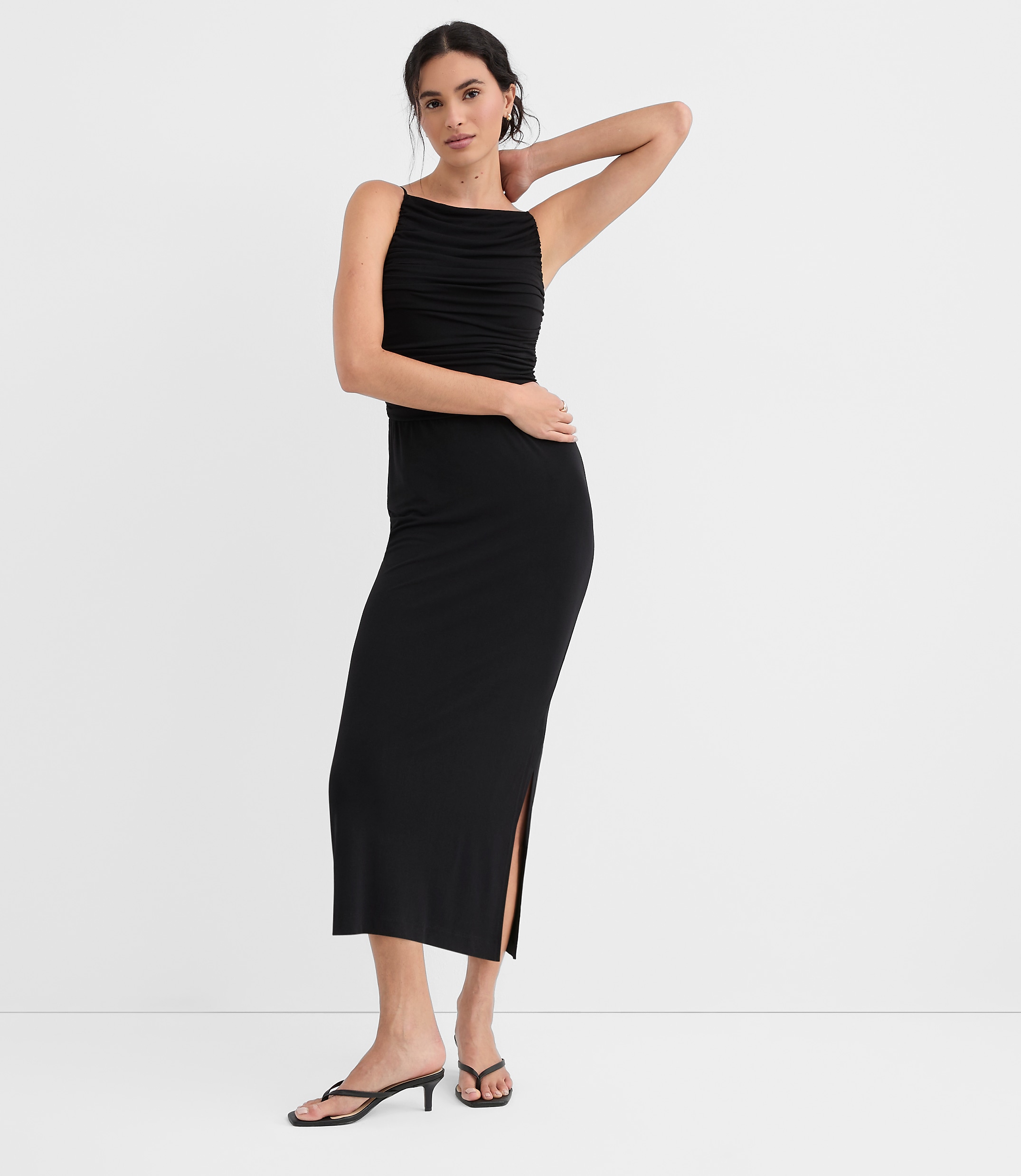 Ruched Apron Neck Midi Dress
