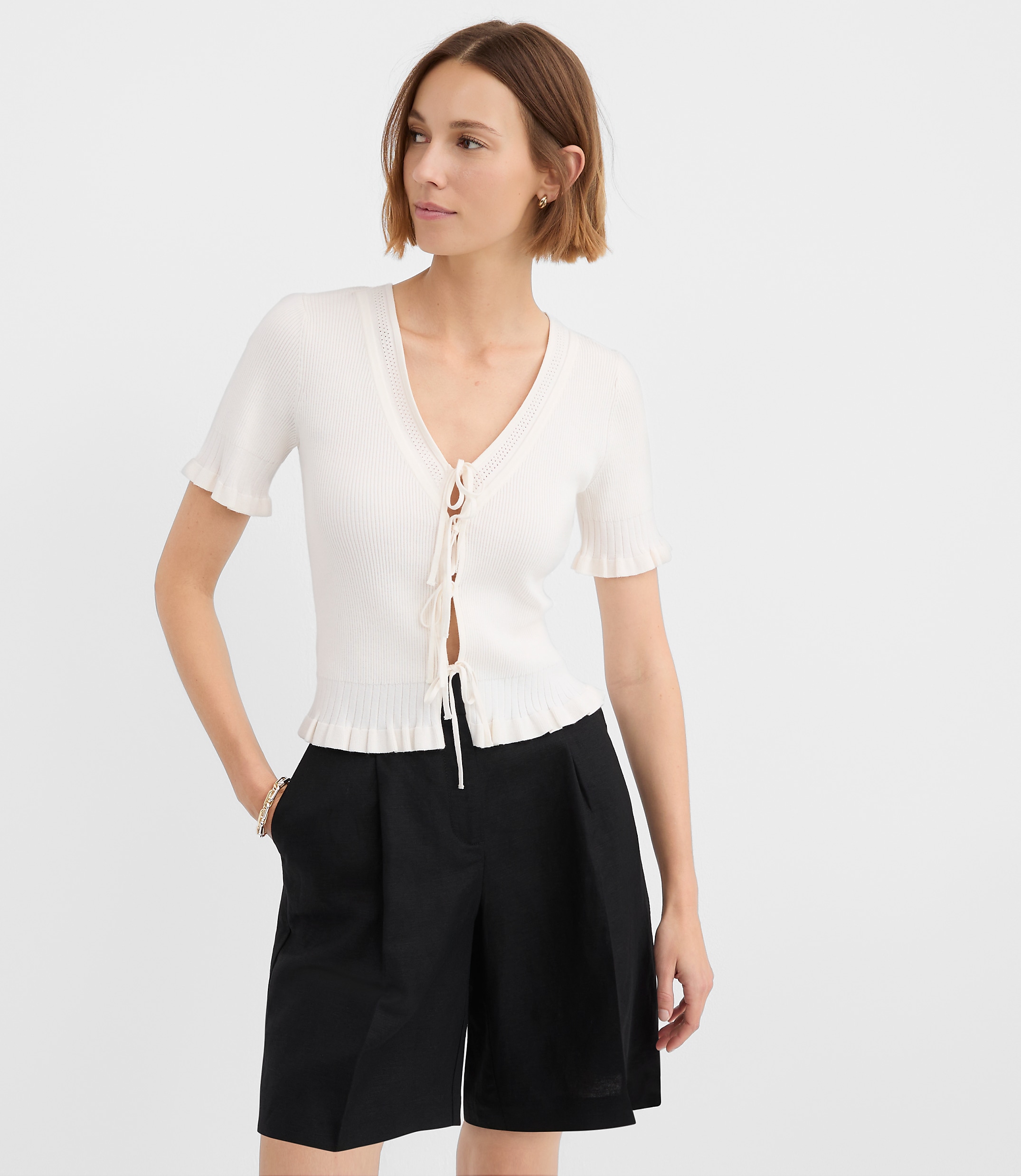 Ruffle Pointelle Bow Cardigan