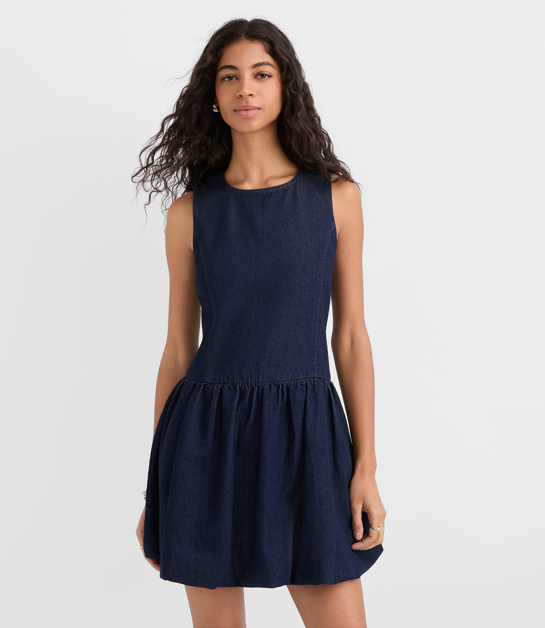 Denim Bubble Mini Dress in Dark Wash