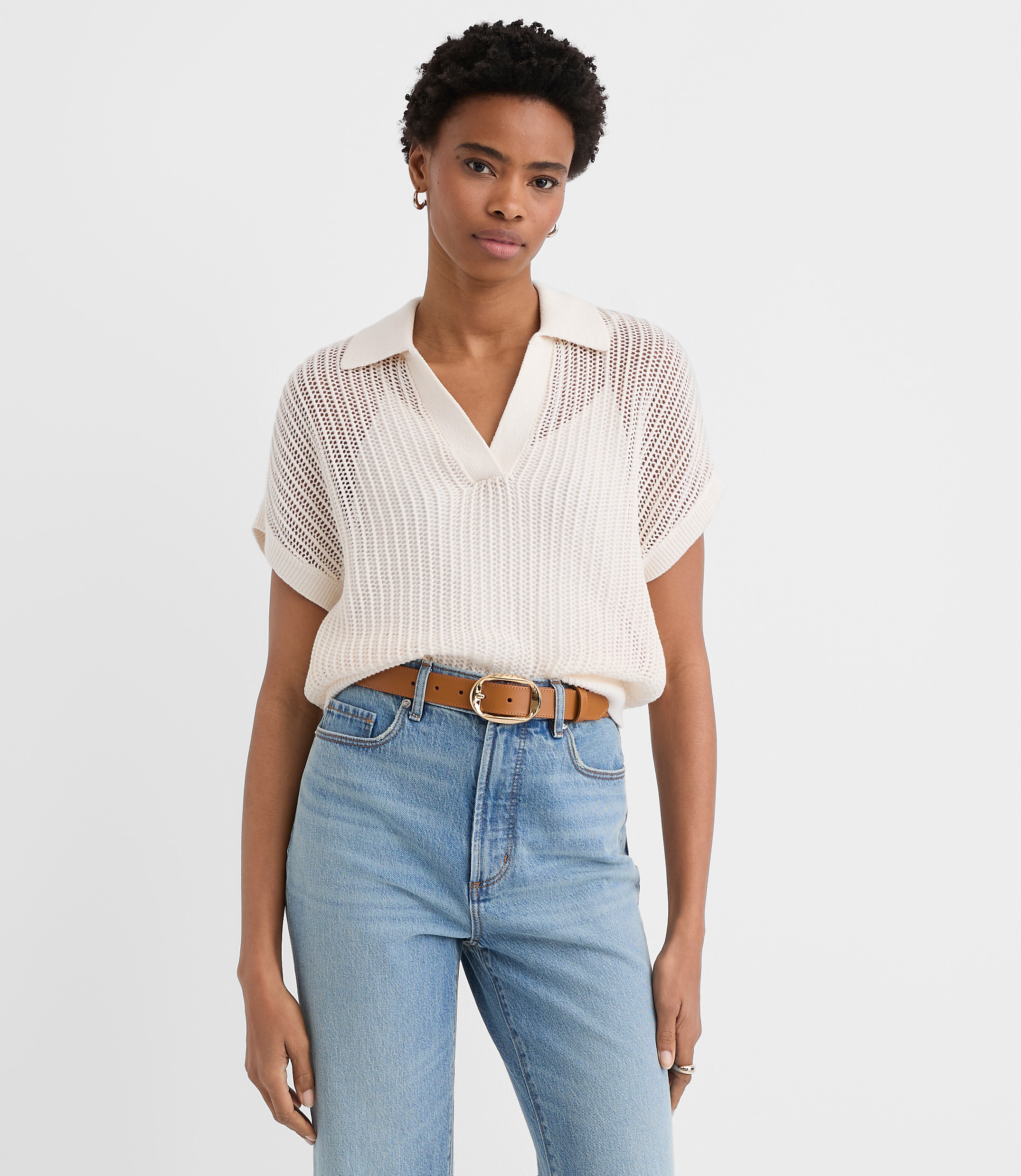 Petite Collared Mesh Stitch Wedge Sweater