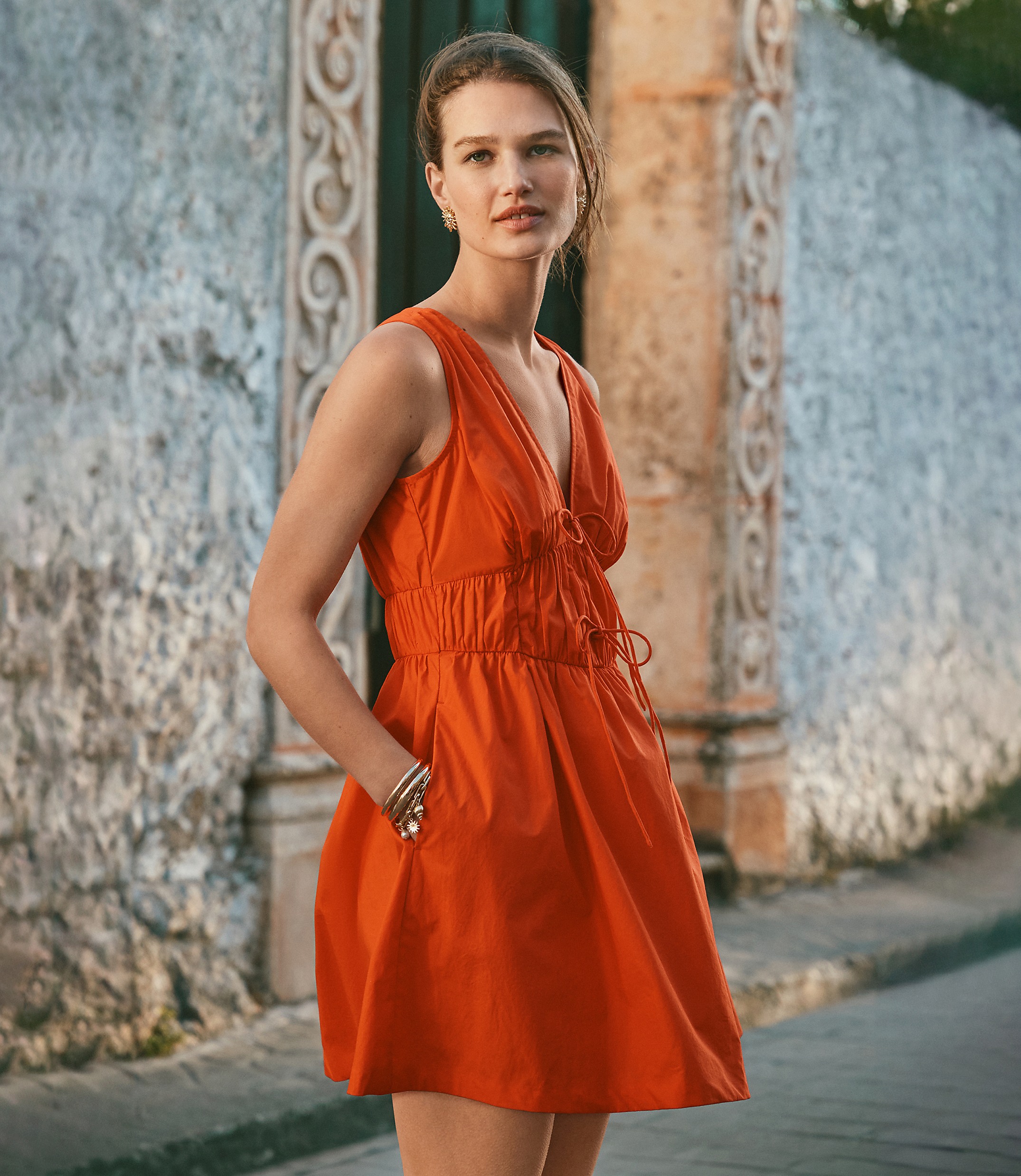 Petite Bow Poplin Mini Pocket Dress
