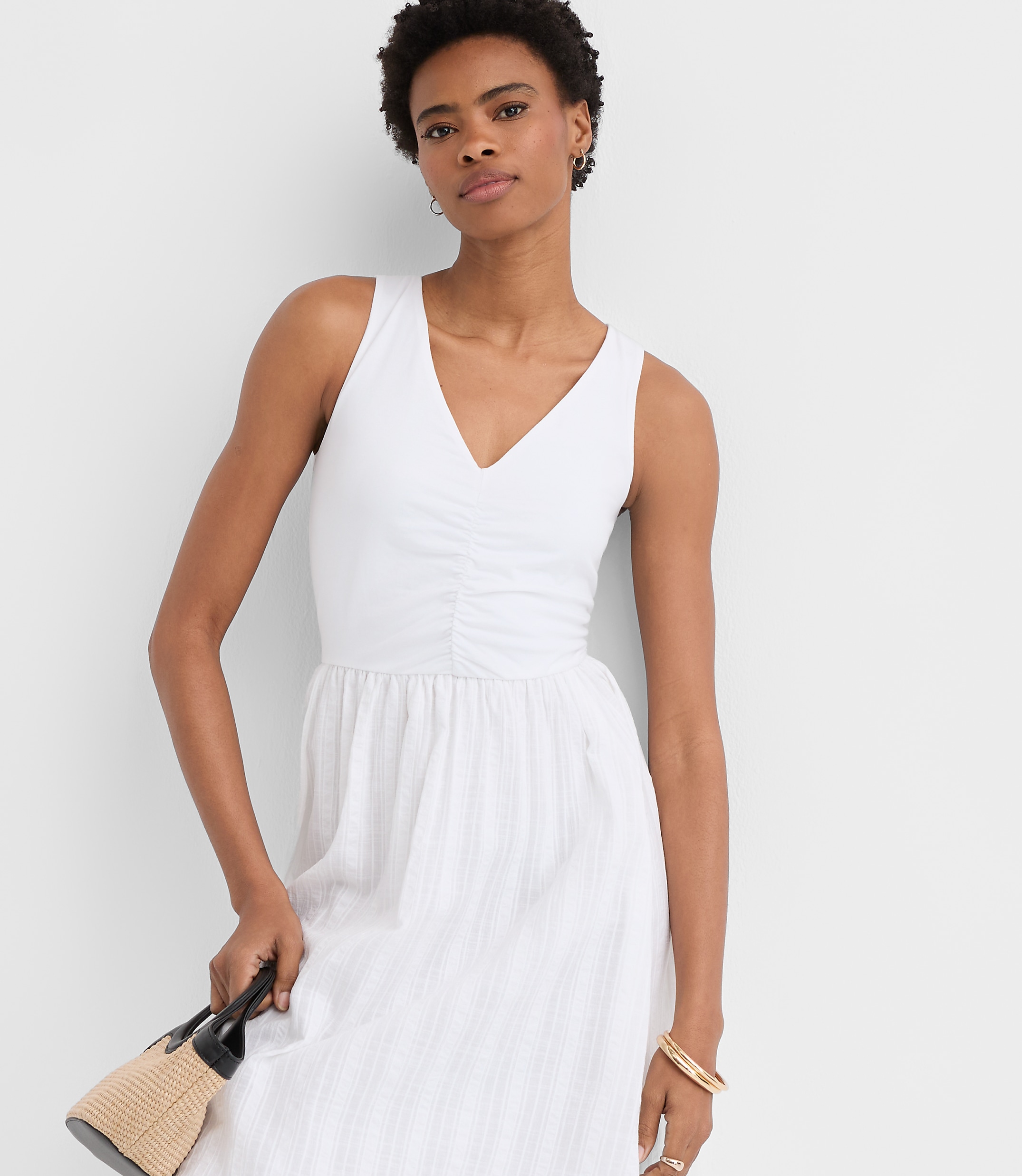 Petite Stripe Ruched Mixed Media Midi Pocket Dress