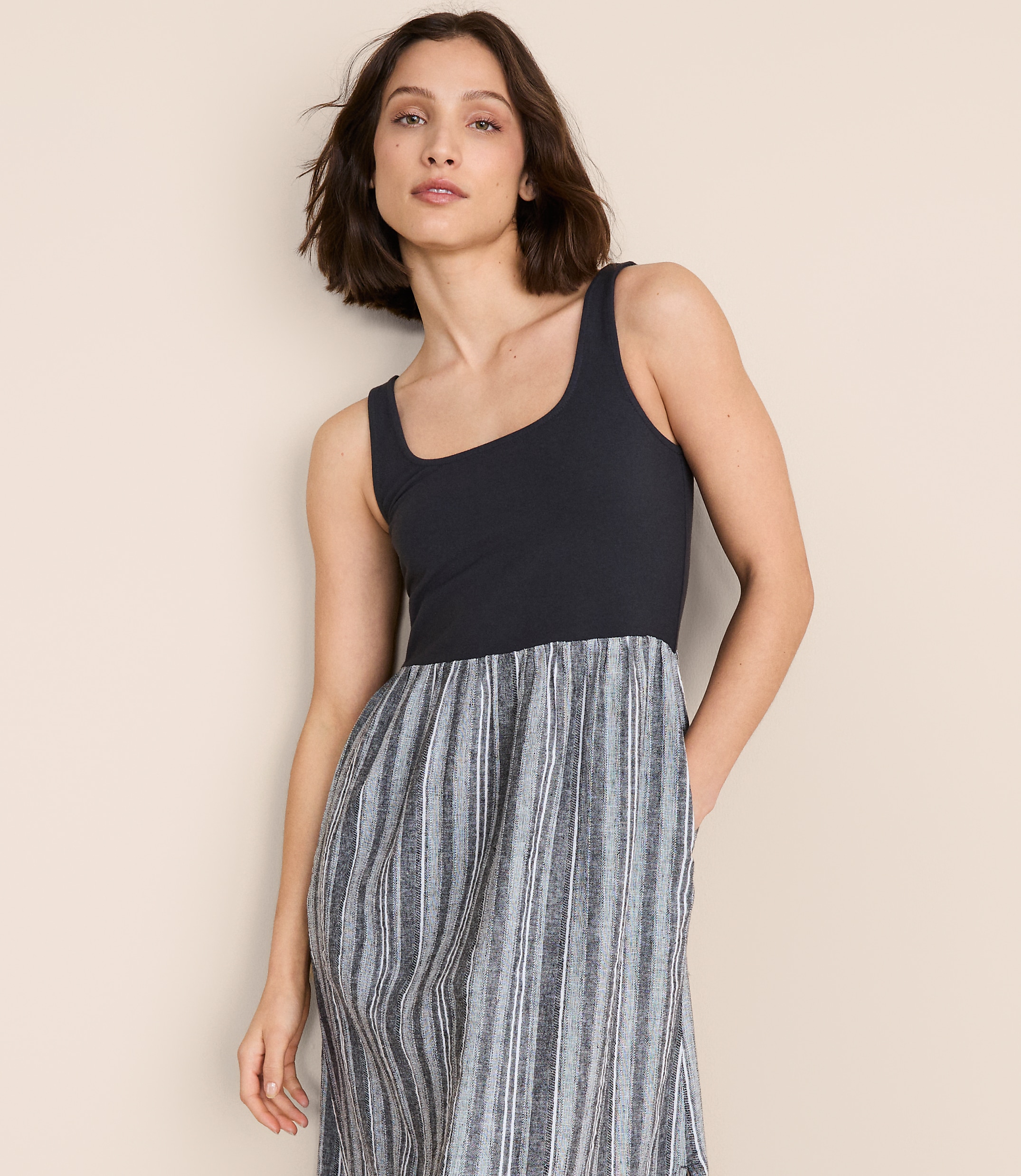 Petite Lou & Grey Striped Linen Cotton Mixed Media Maxi Pocket Dress