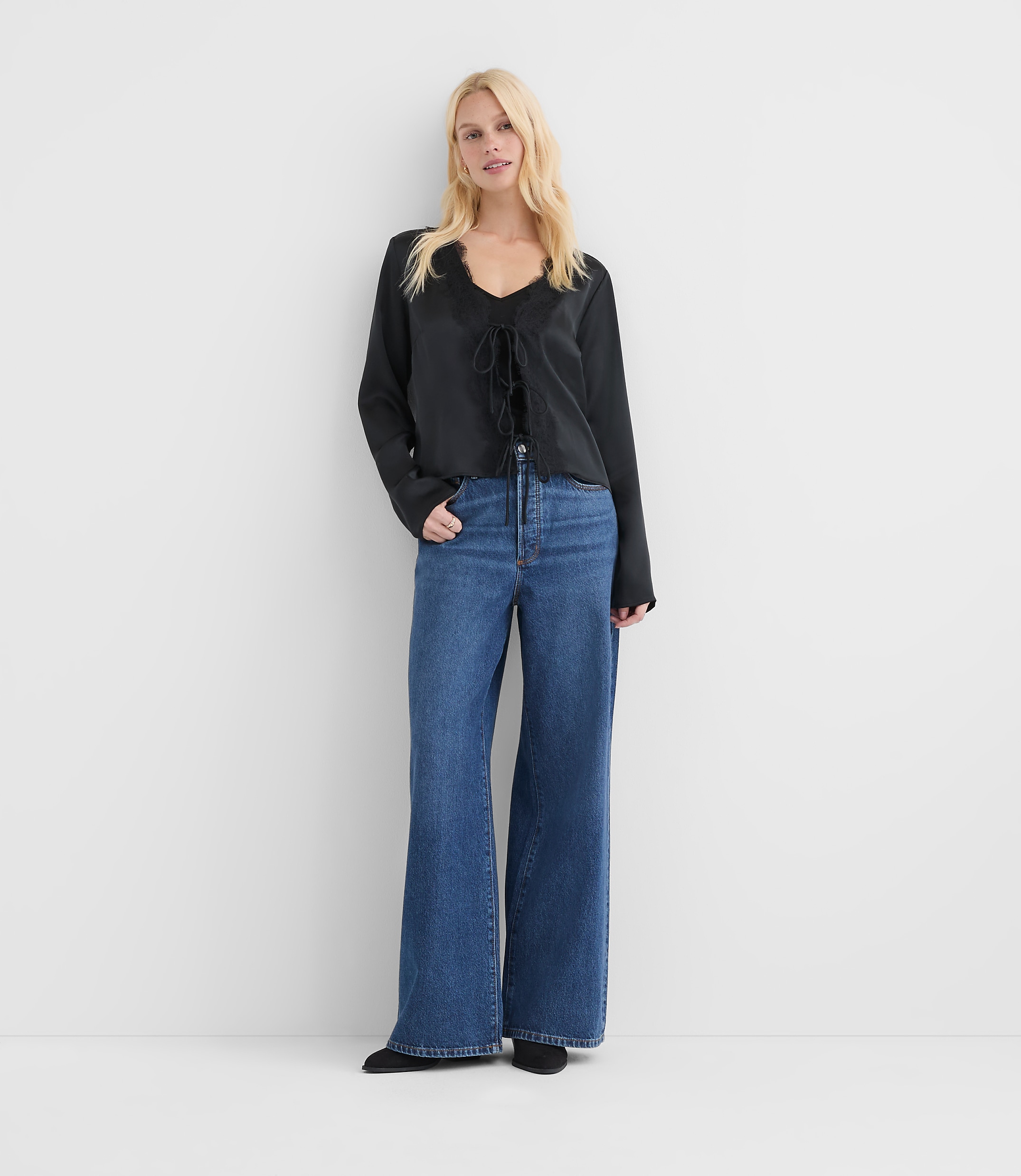 Rivete Short High Rise Relaxed Wide Leg Jeans in Mid Wash