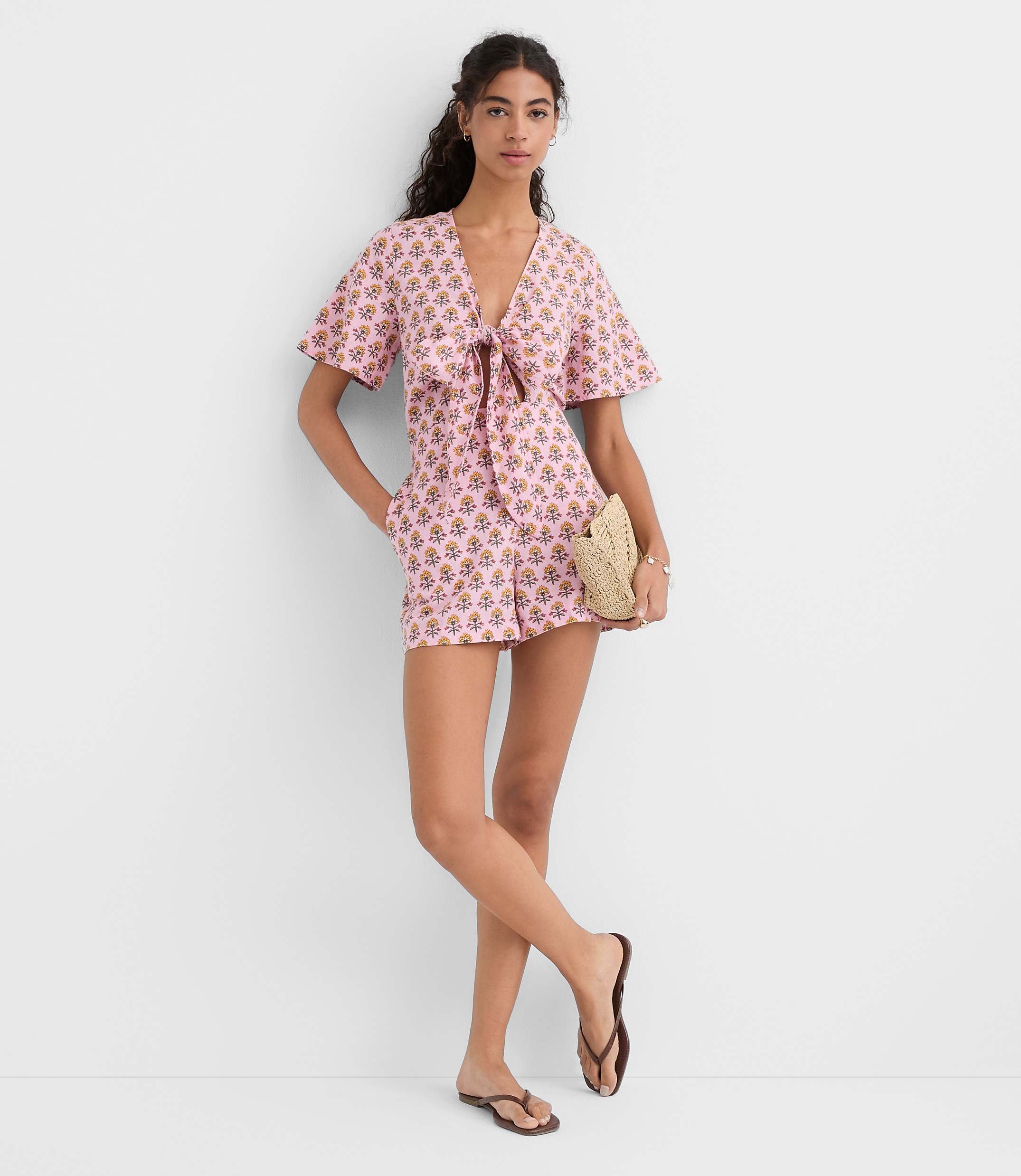 Petite LOFT Beach Garden Tie Front Linen Cotton Romper