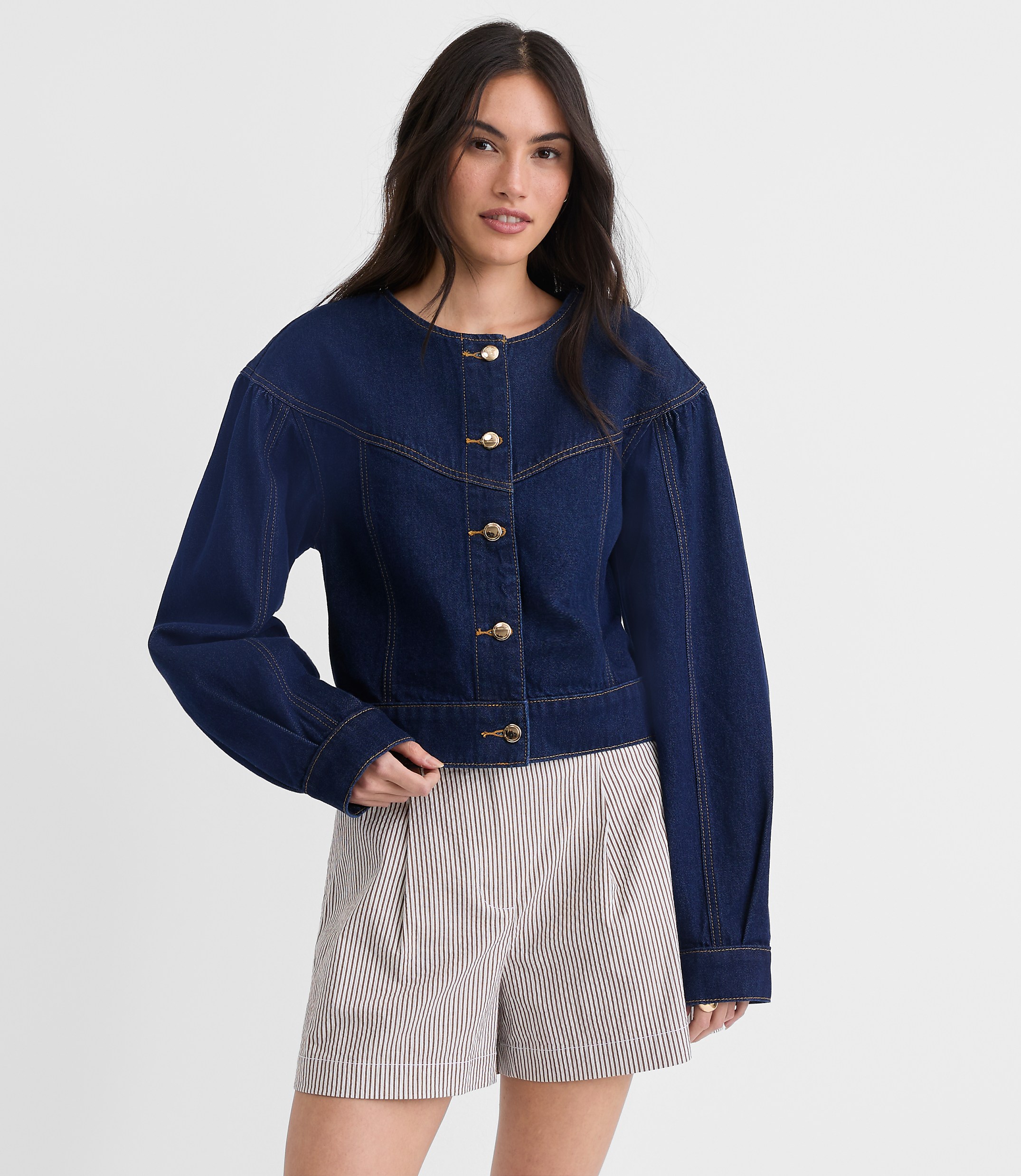 Petite Balloon Sleeve Denim Jacket in Classic Rinse Wash