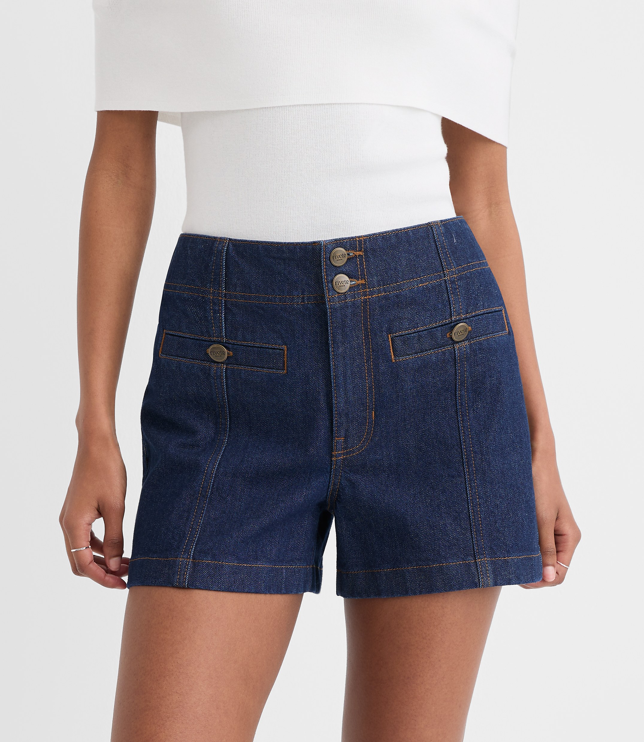 Rivete Petite Curvy Double Shank High Rise Denim Shorts in Nova Wash