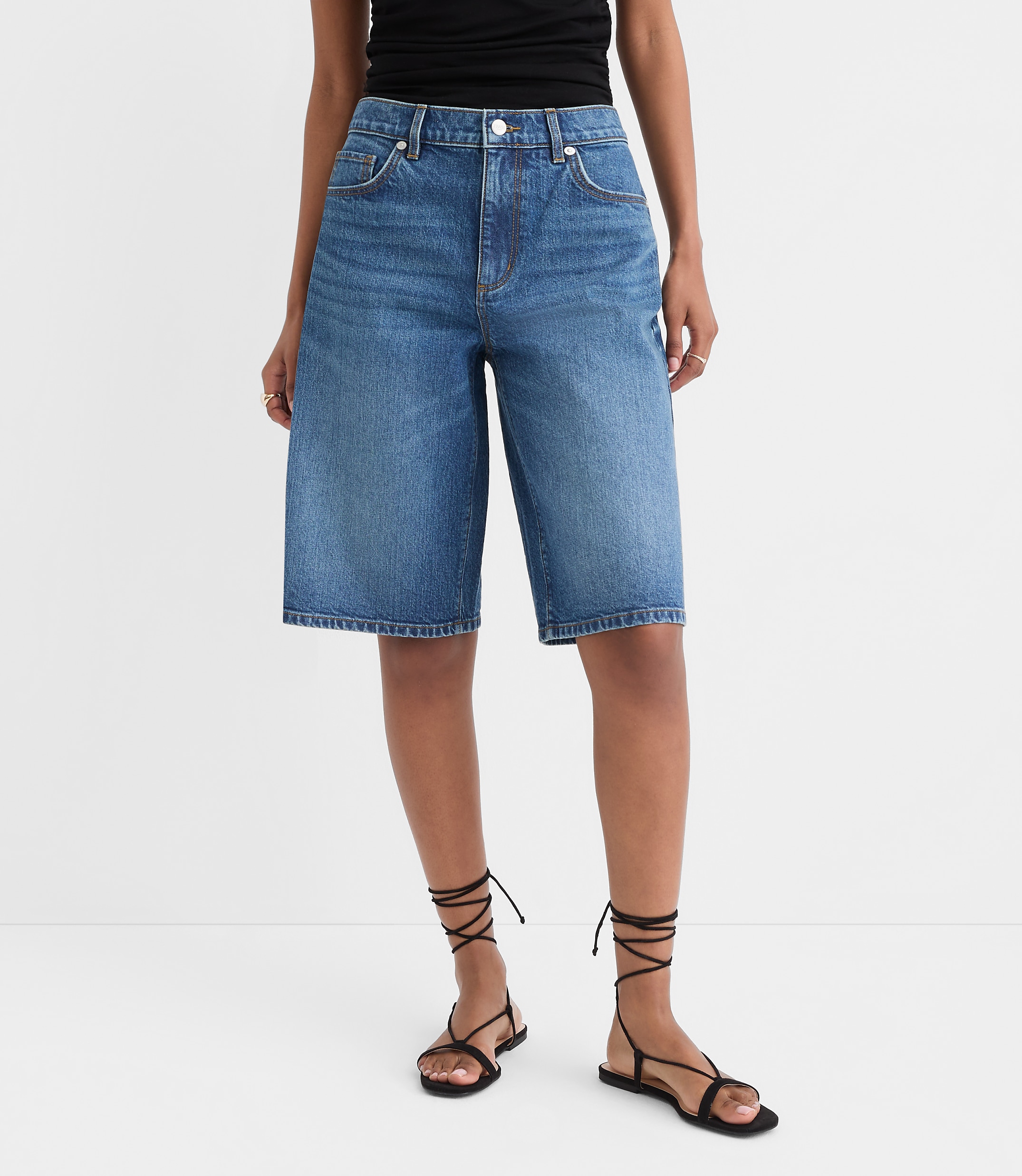 Rivete Curvy High Rise Denim Bermuda Shorts in Dark Wash