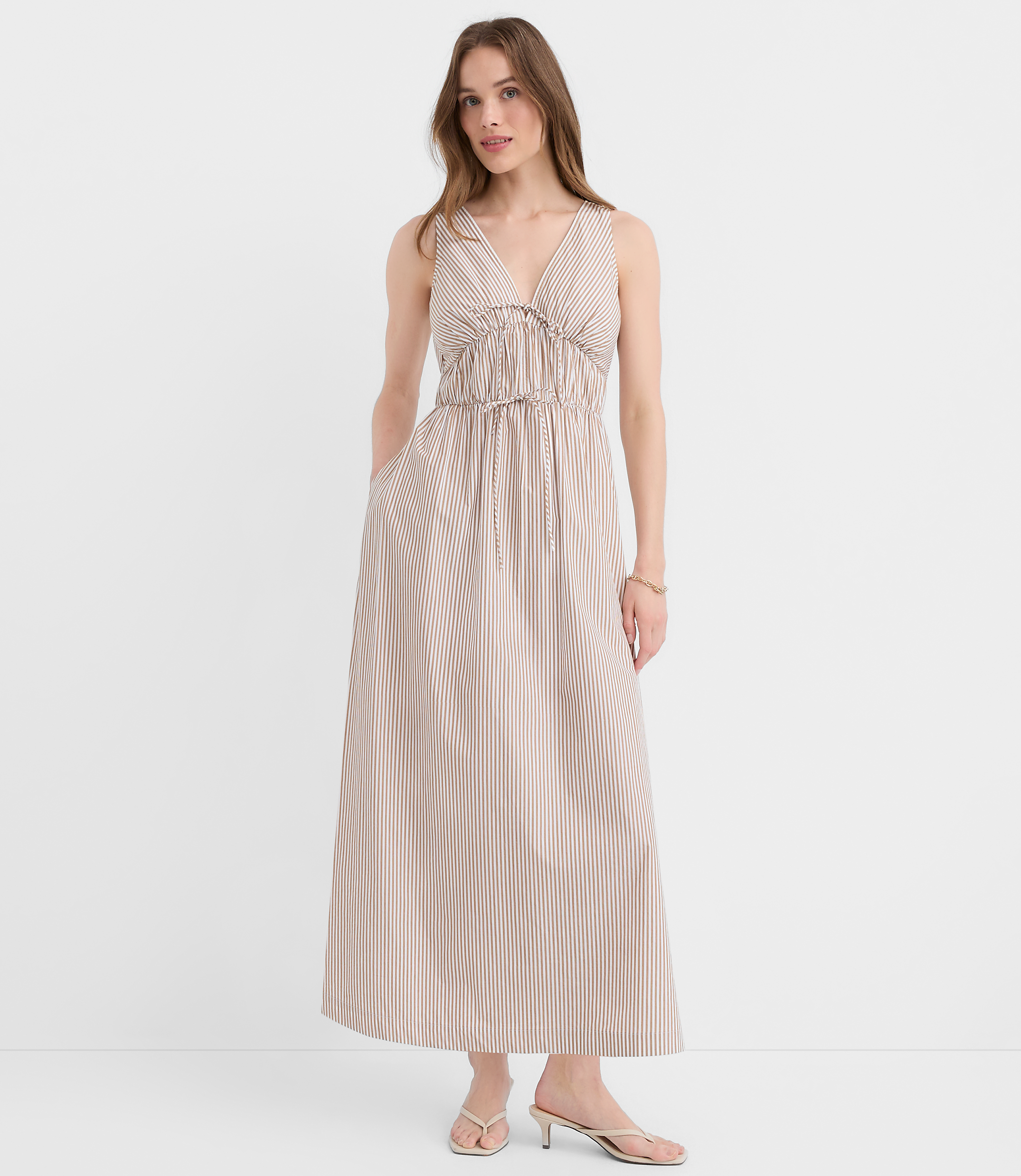 Striped Bow Poplin Midi Pocket Dress