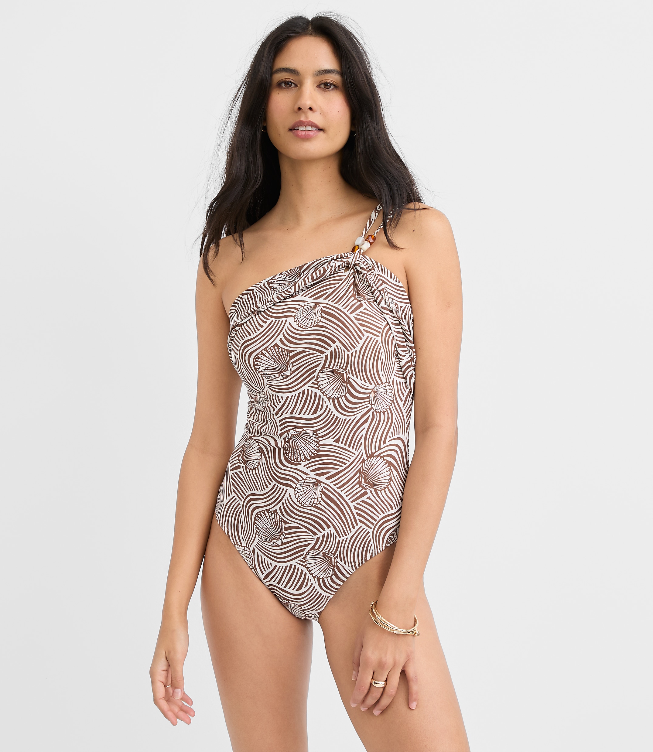 LOFT Beach Seashell Beaded One Shoulder One Piece Swimsuit