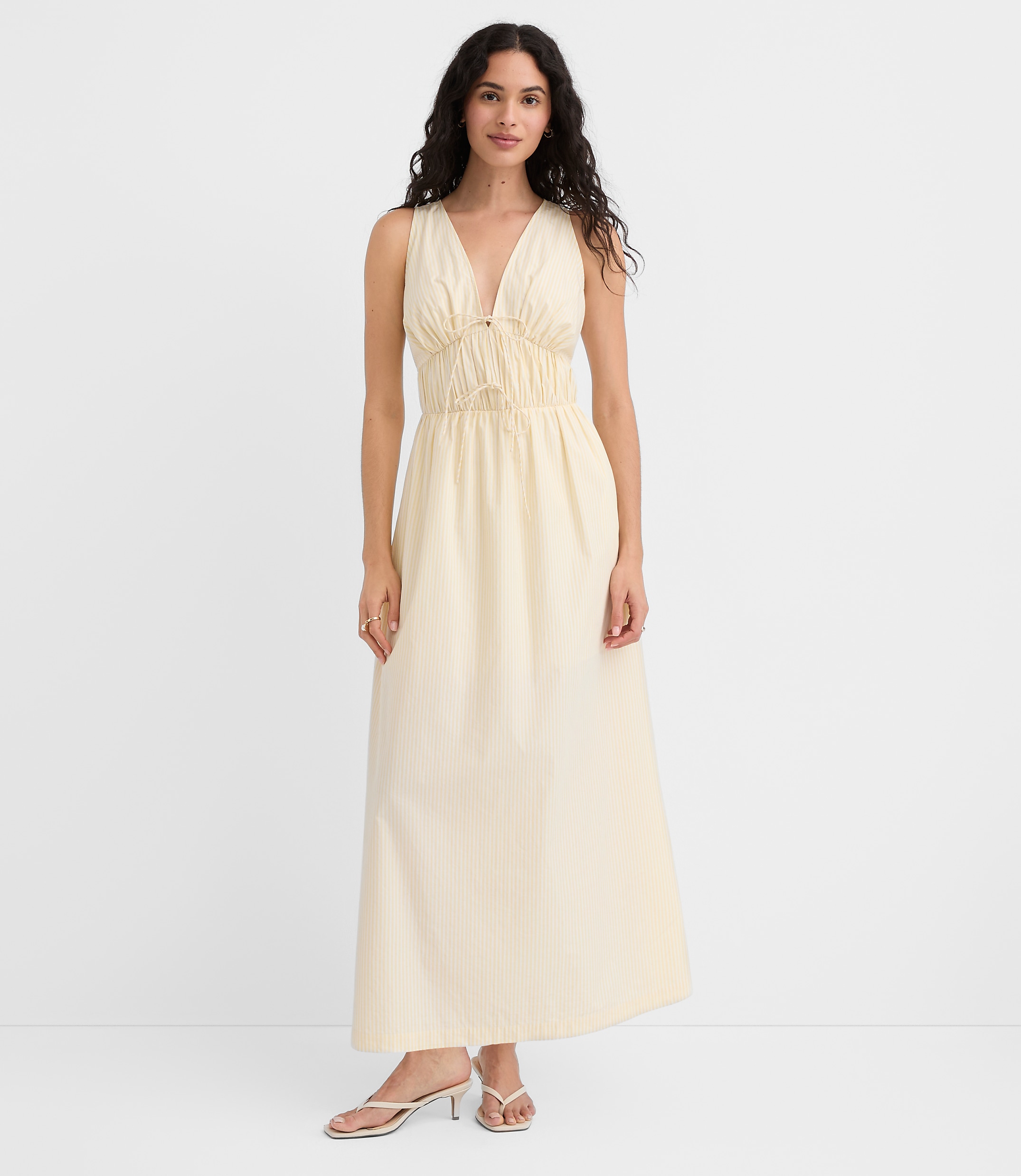 Petite Striped Bow Poplin Midi Pocket Dress