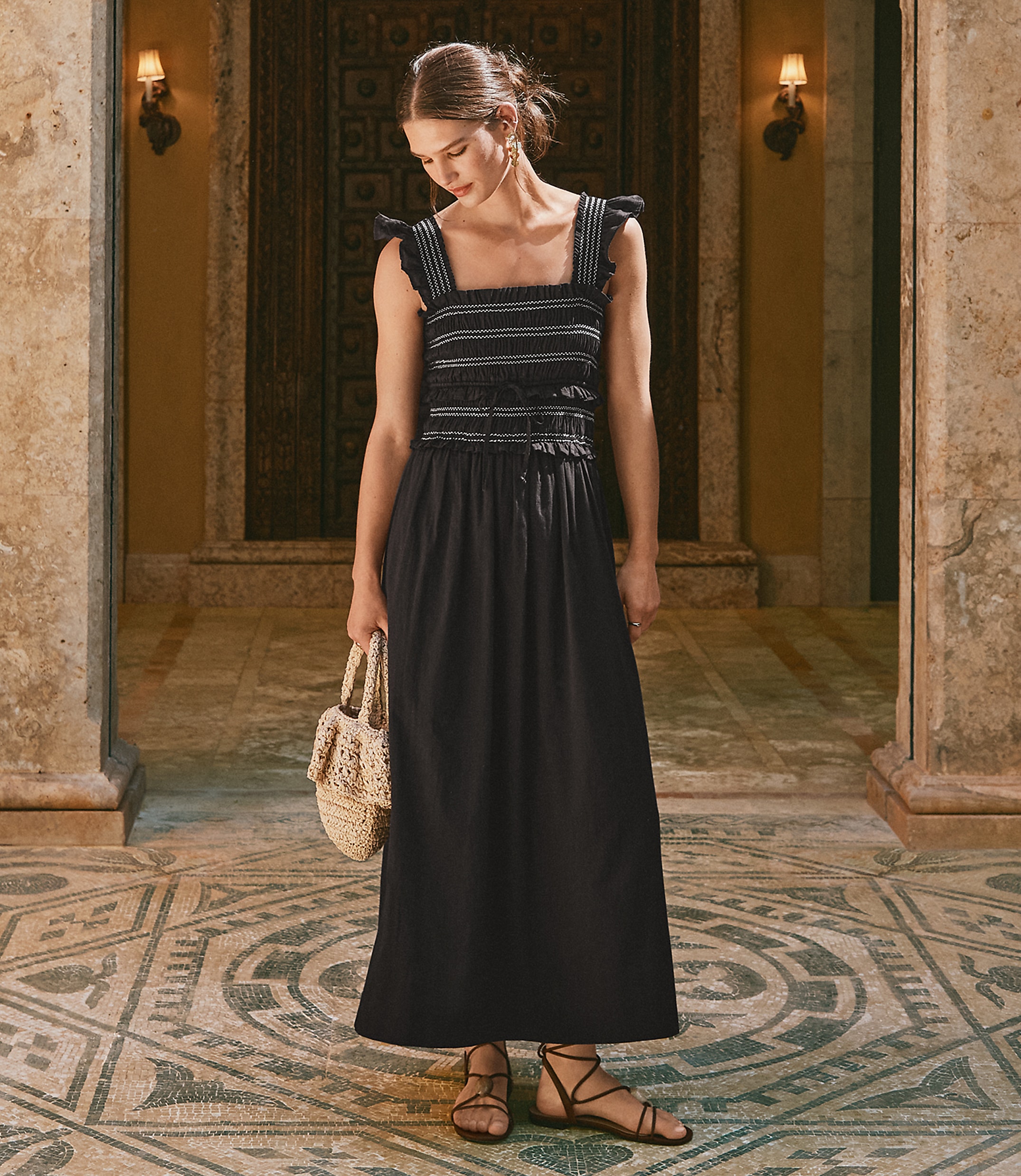 Petite Ruffle Strap Smocked Midi Dress