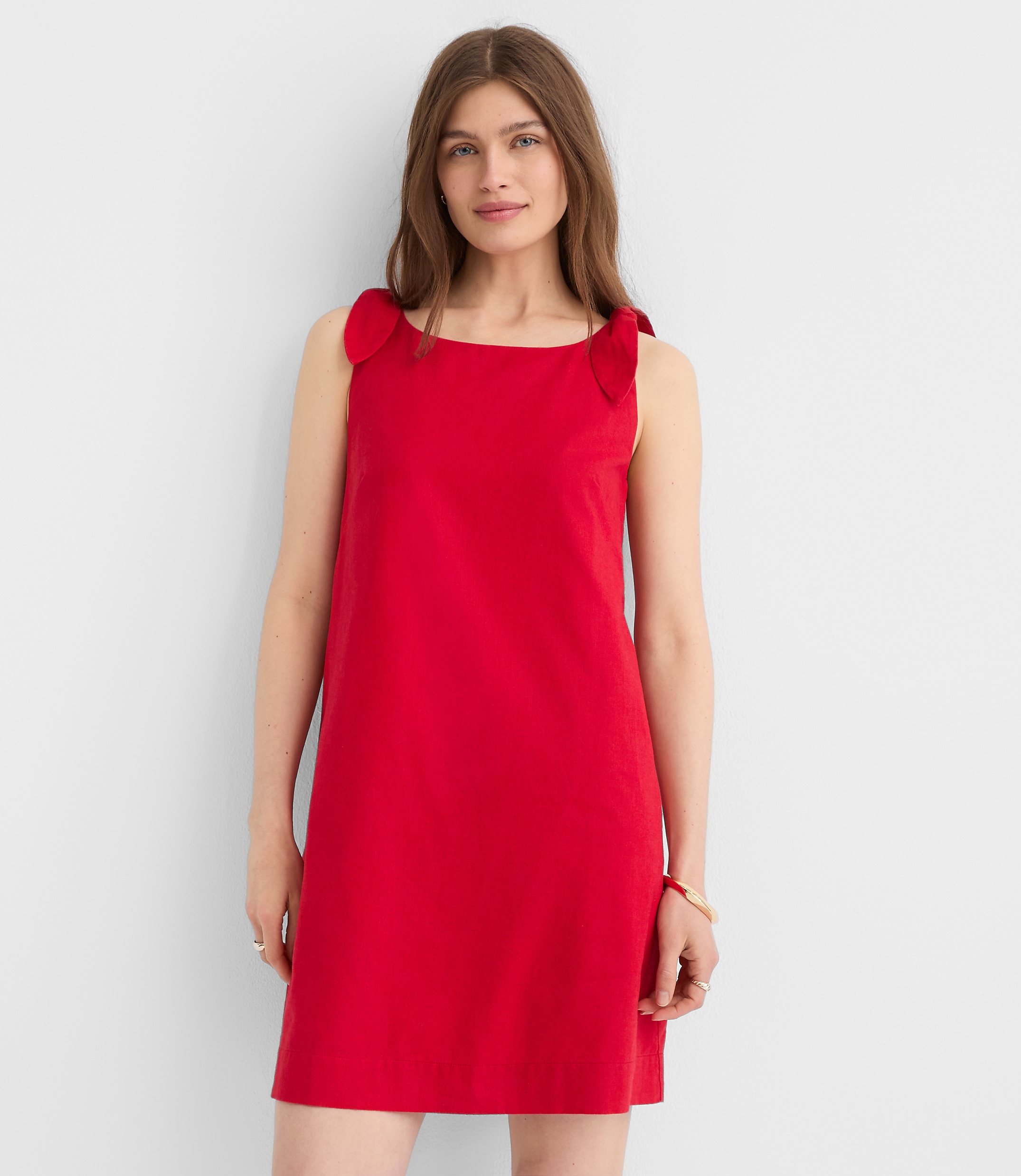 Petite Linen Cotton Tie Boatneck Mini Dress