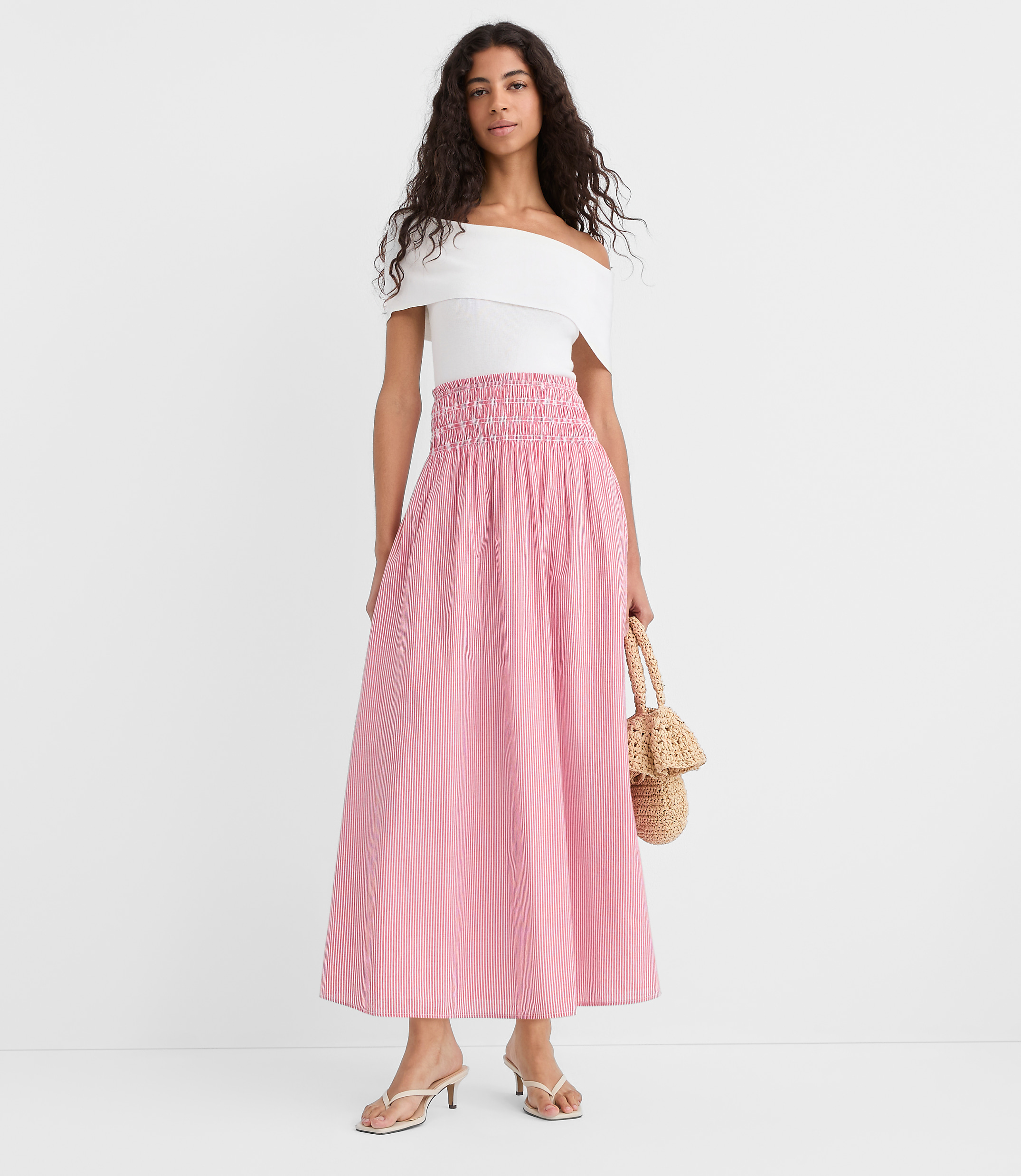 Petite Striped Smocked Midi Skirt